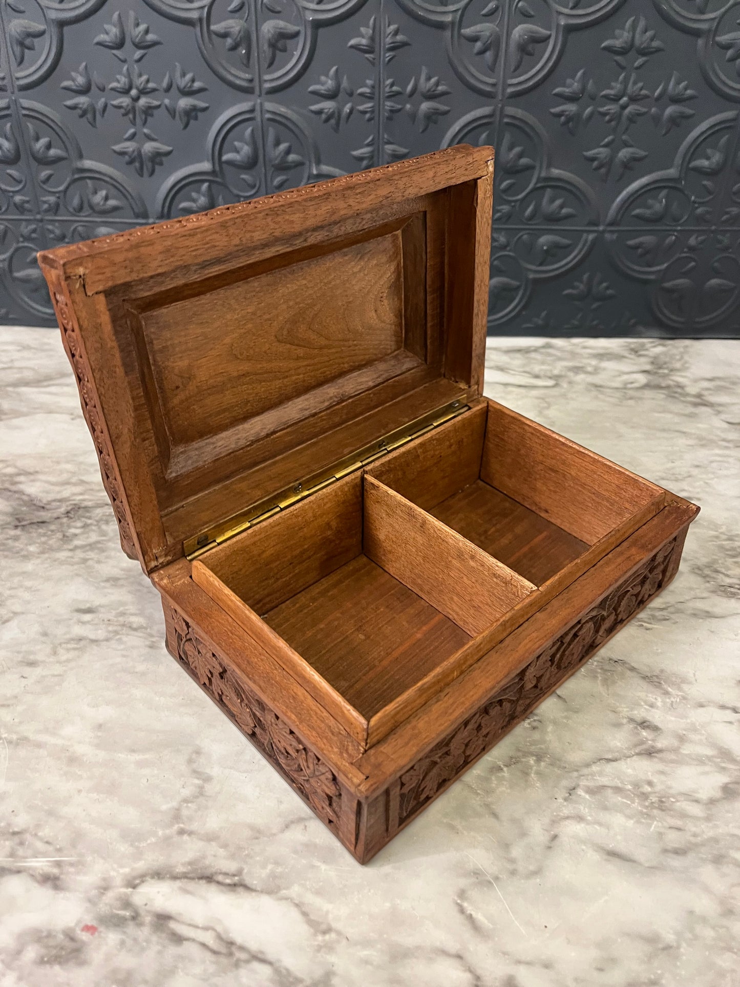 Intricately Carved Wood Box with Leaves