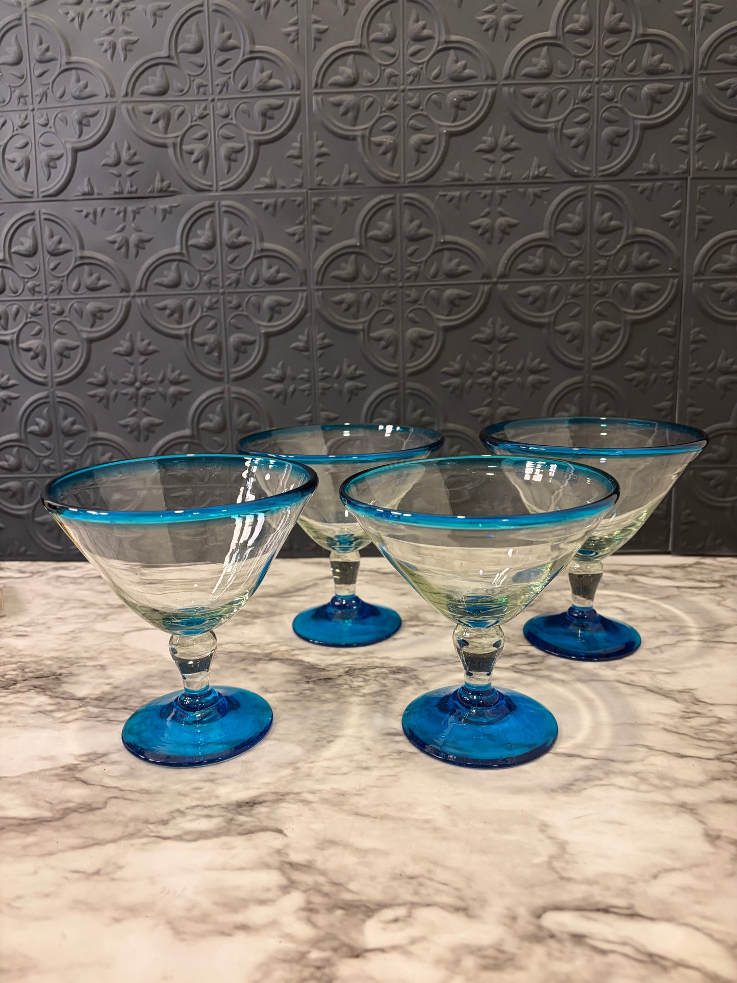 Handblown Blue Rim Martini Glass x 4