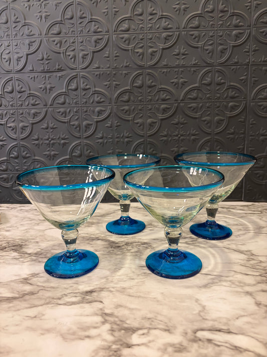 Handblown Blue Rim Martini Glass x 4