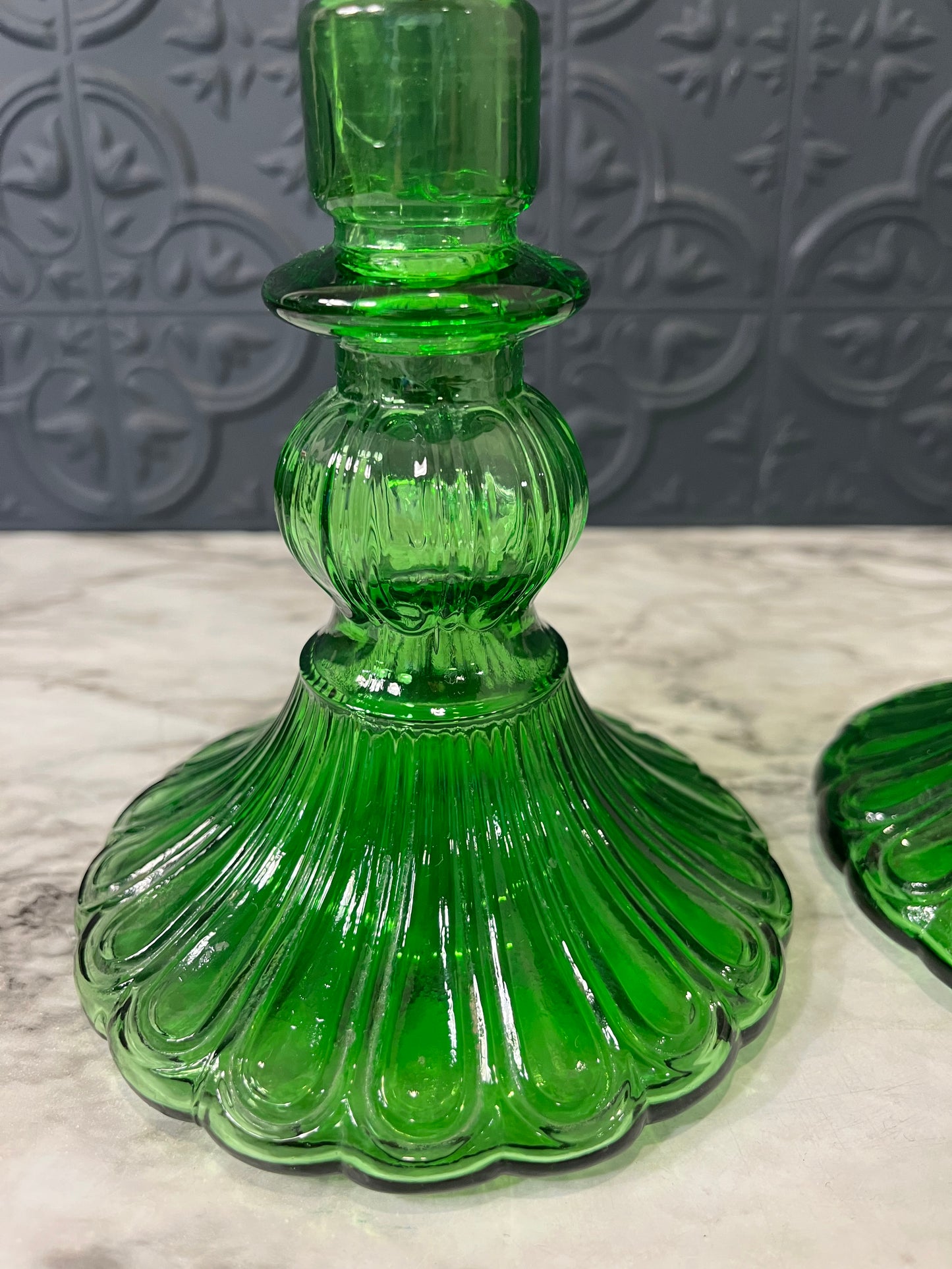 Green Glass Candle Holders x 2