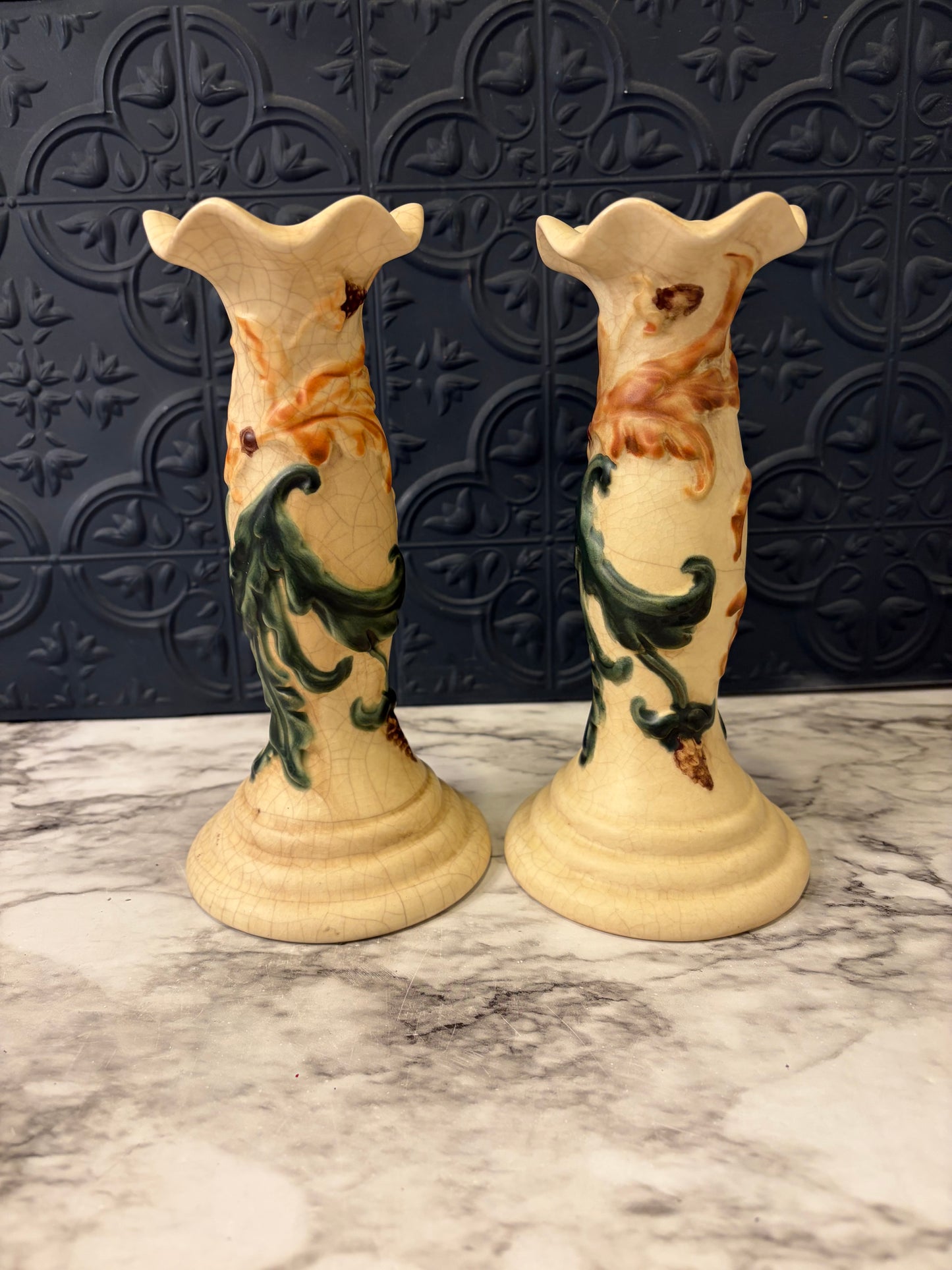 Pair of Cream Candle Holders with Green and orange