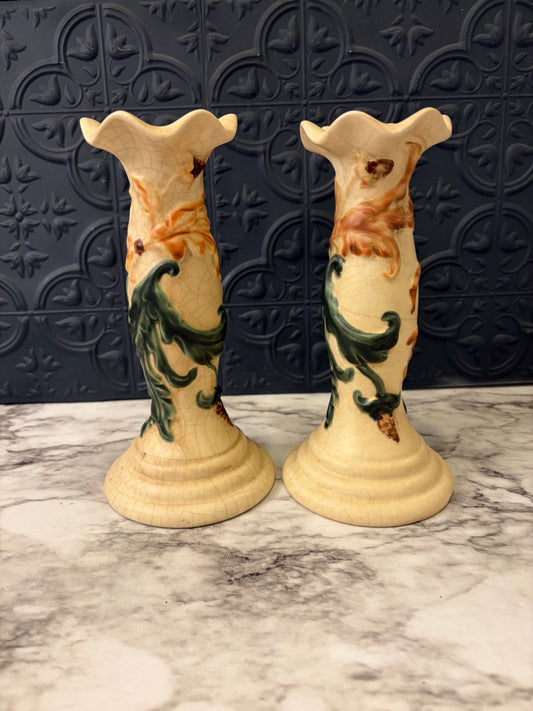 Pair of Cream Candle Holders with Green and orange