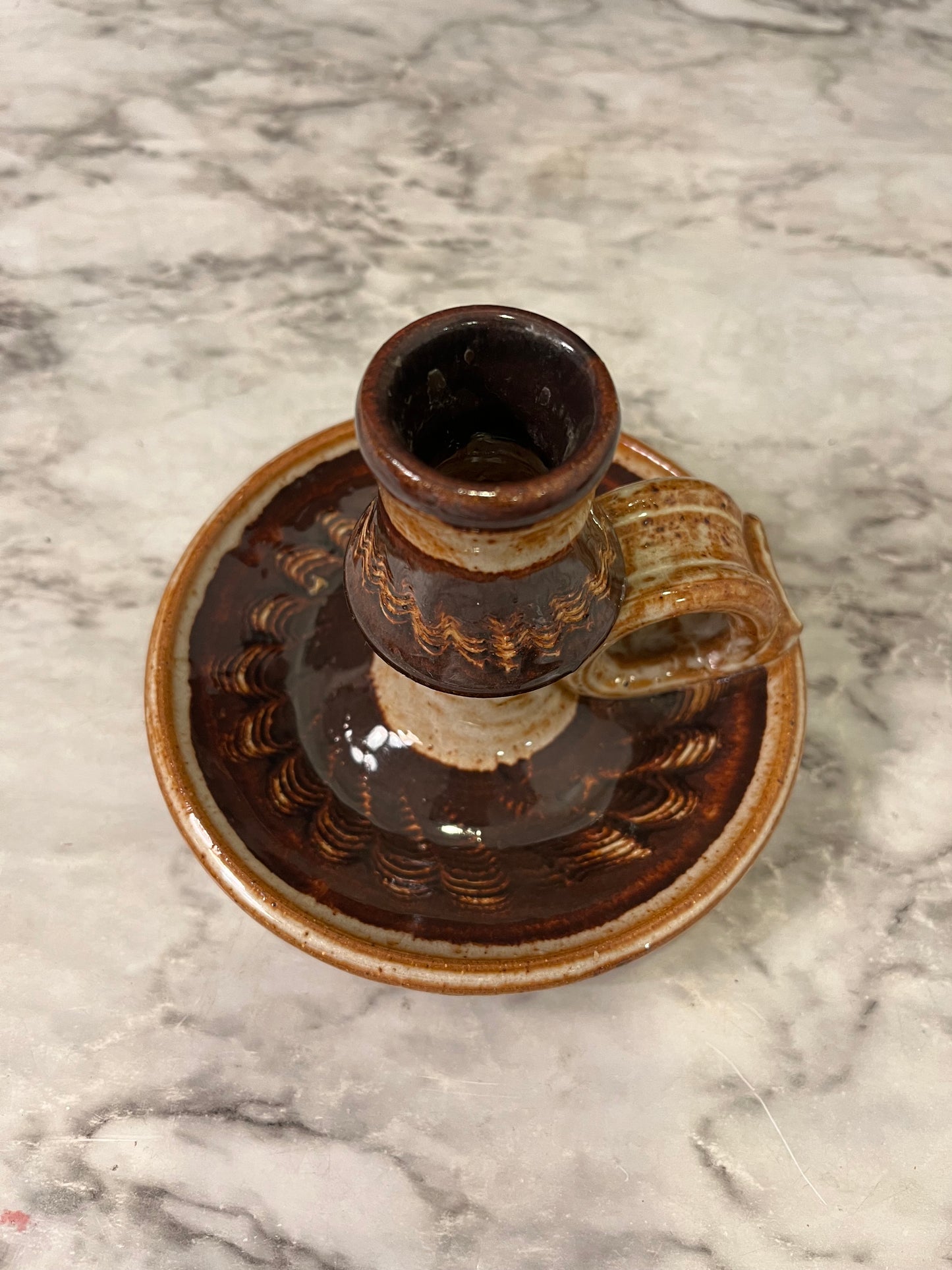 Brown Pottery Chamberstick candle holder