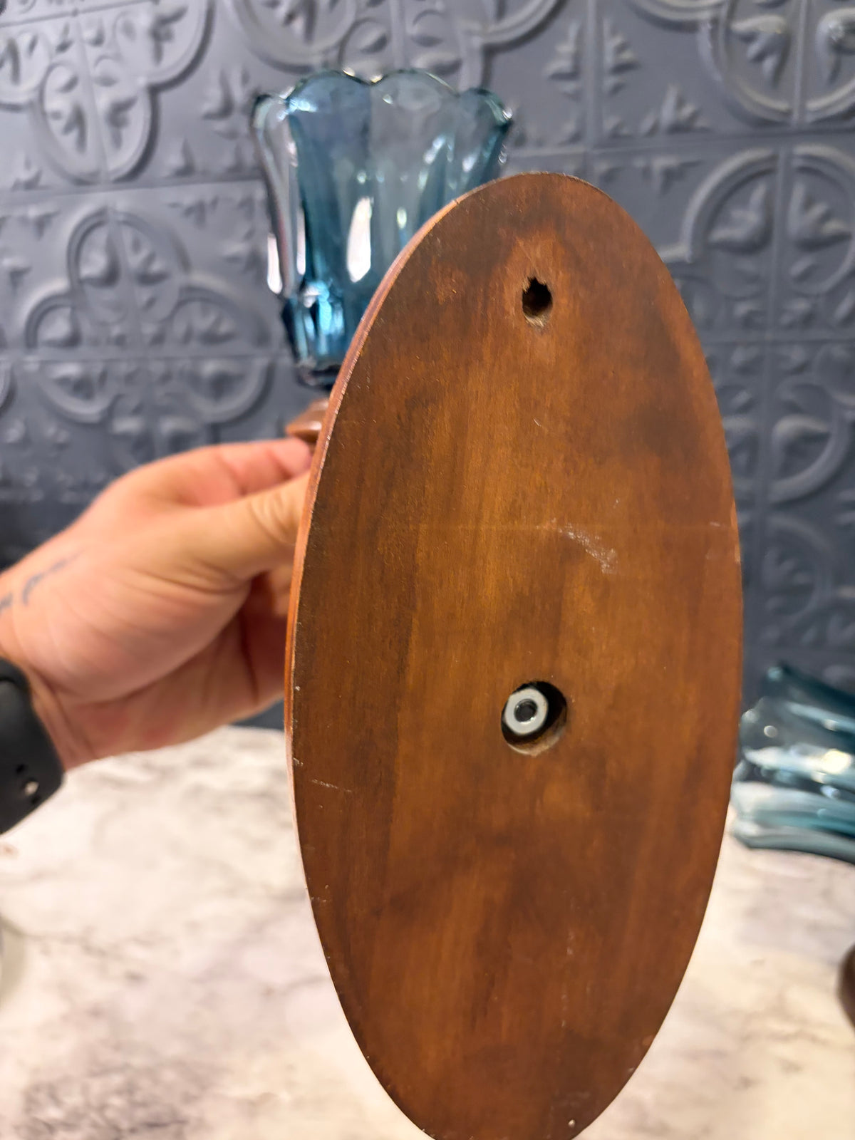 Wood Candle Sconces with Blue Votive Cups x2