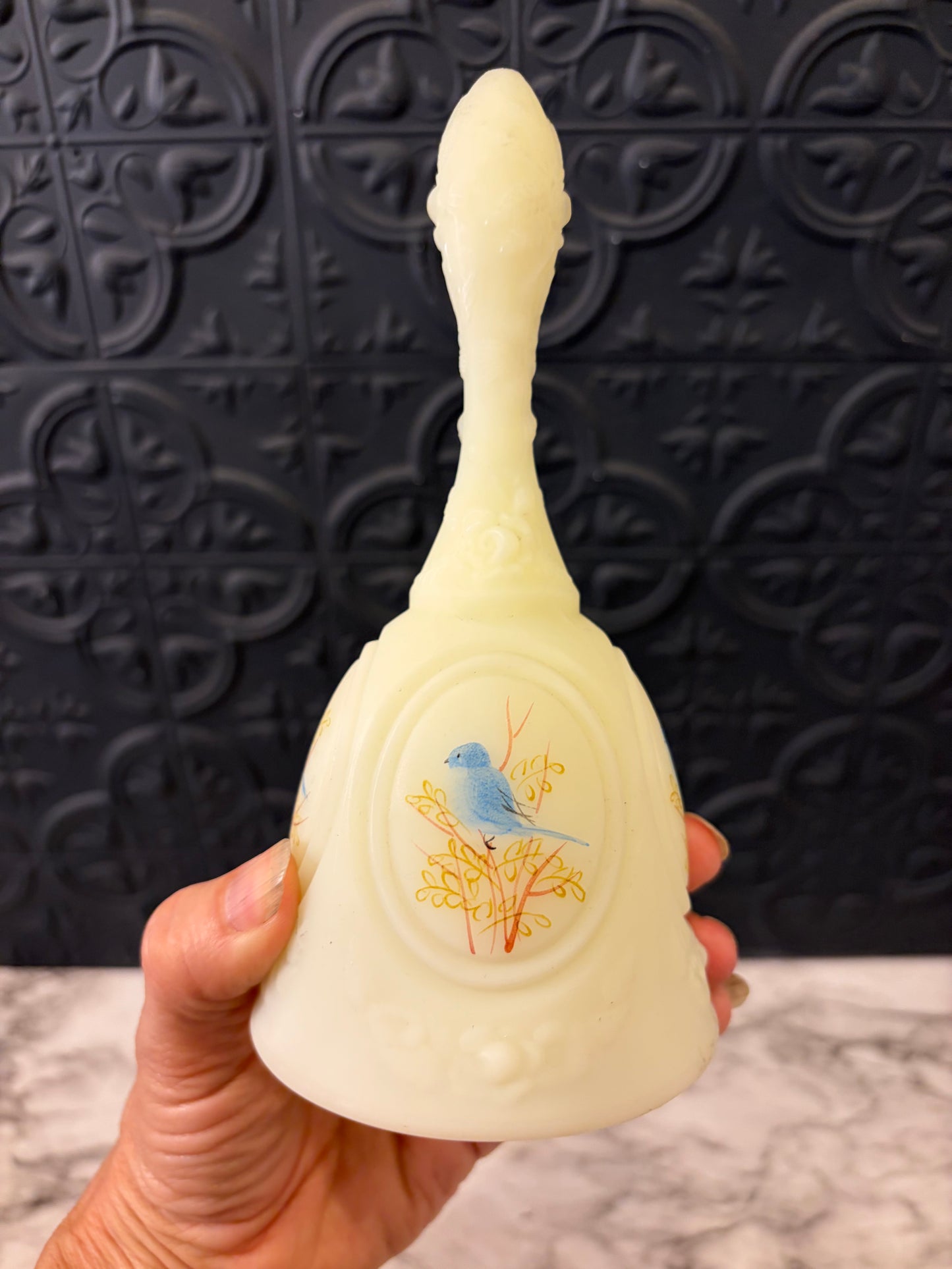 Fenton Custard uranium Glass Bell with Bird