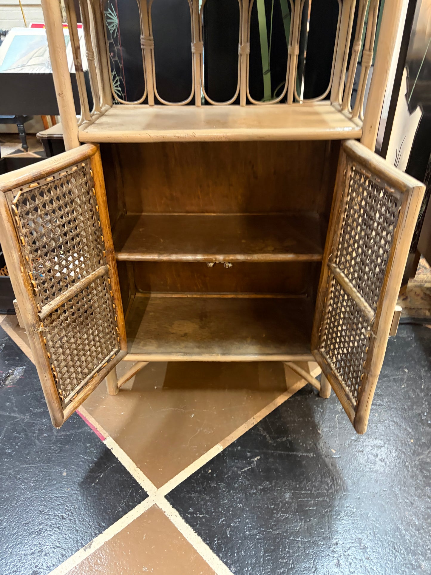 Grey Wicker Shelf with Cabinet Base