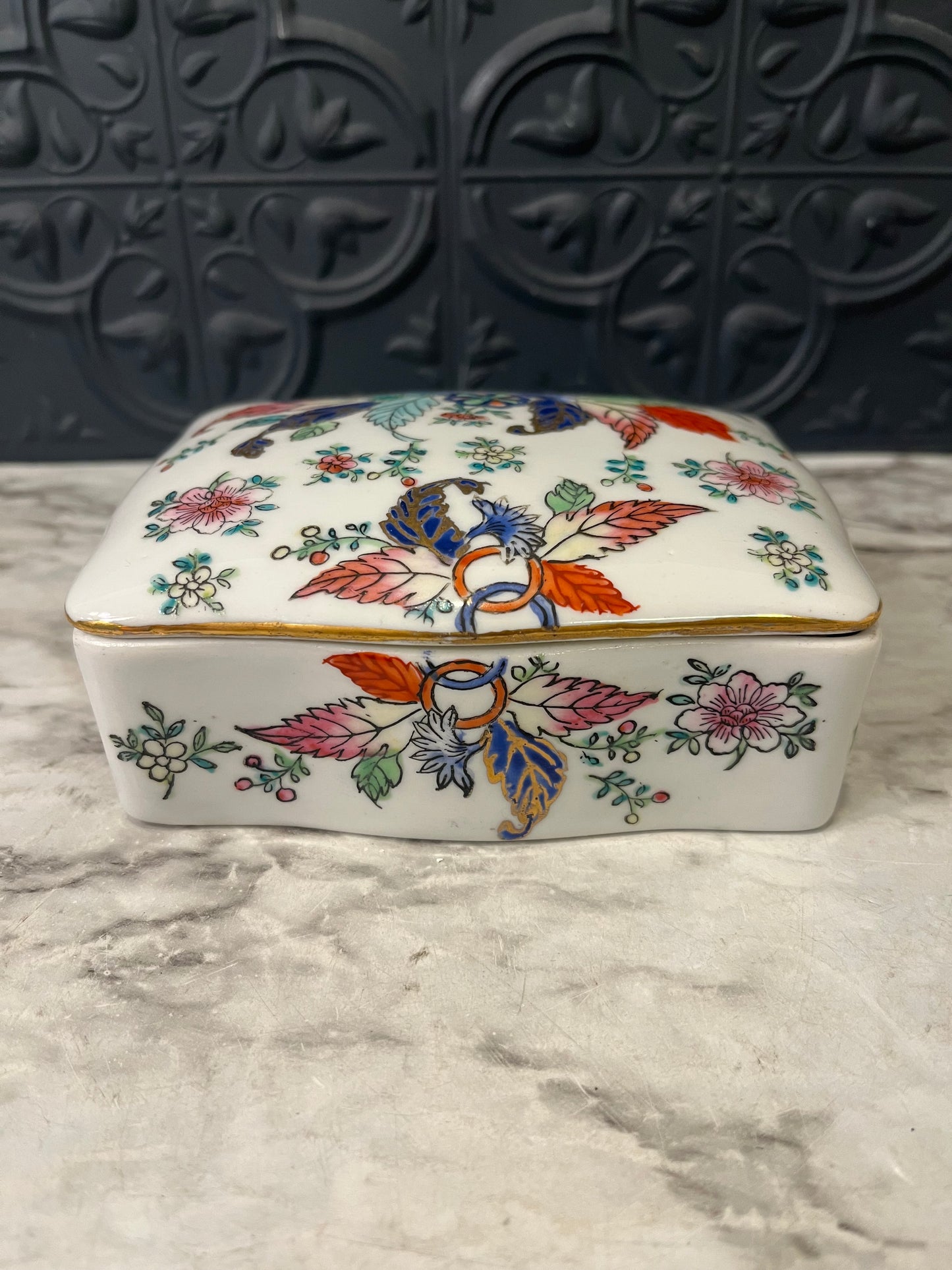 White Porcelain Trinket Box with Flowers