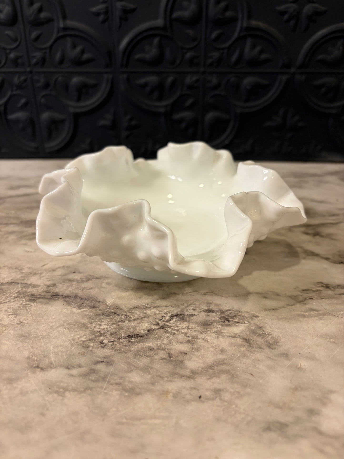 Fenton Milk Glass Hobnail Ruffled Edge Bowl