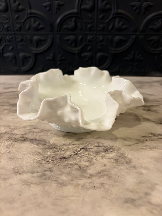 Fenton Milk Glass Hobnail Ruffled Edge Bowl