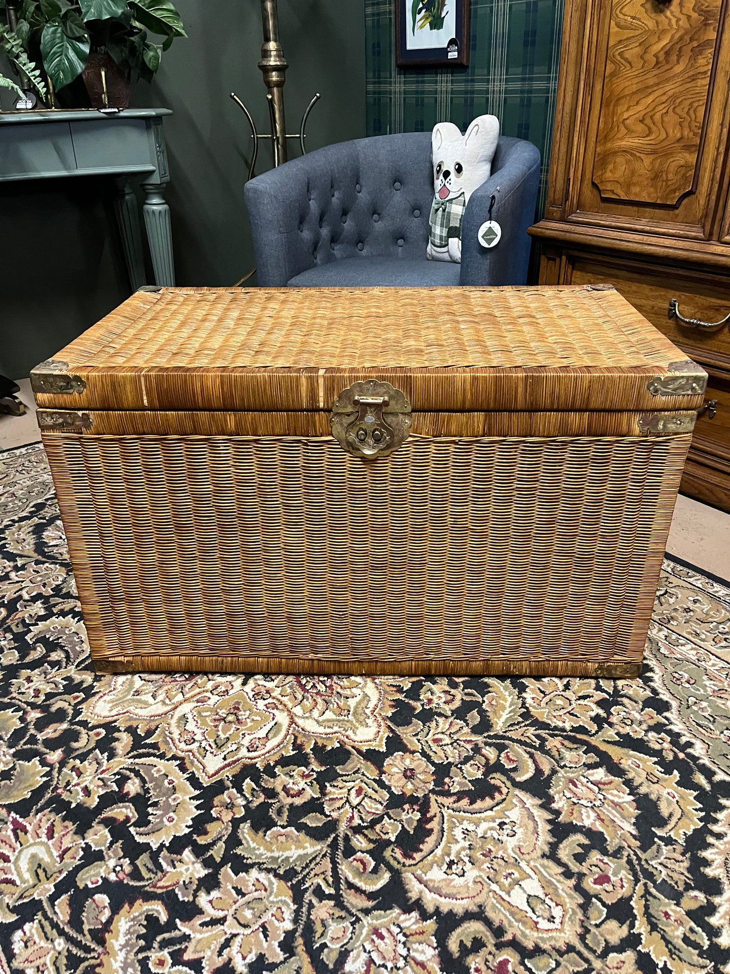 Large wicker Trunk with brass etched details