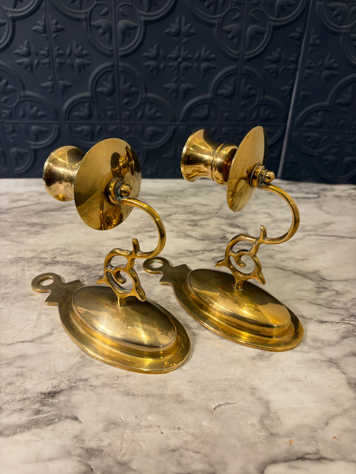 Simple Oval Brass Candle Sconce Pair