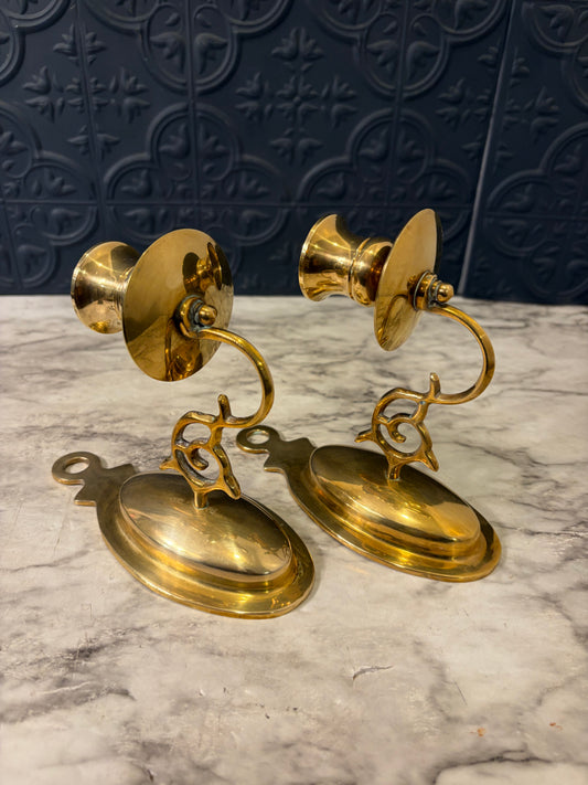 Simple Oval Brass Candle Sconce Pair