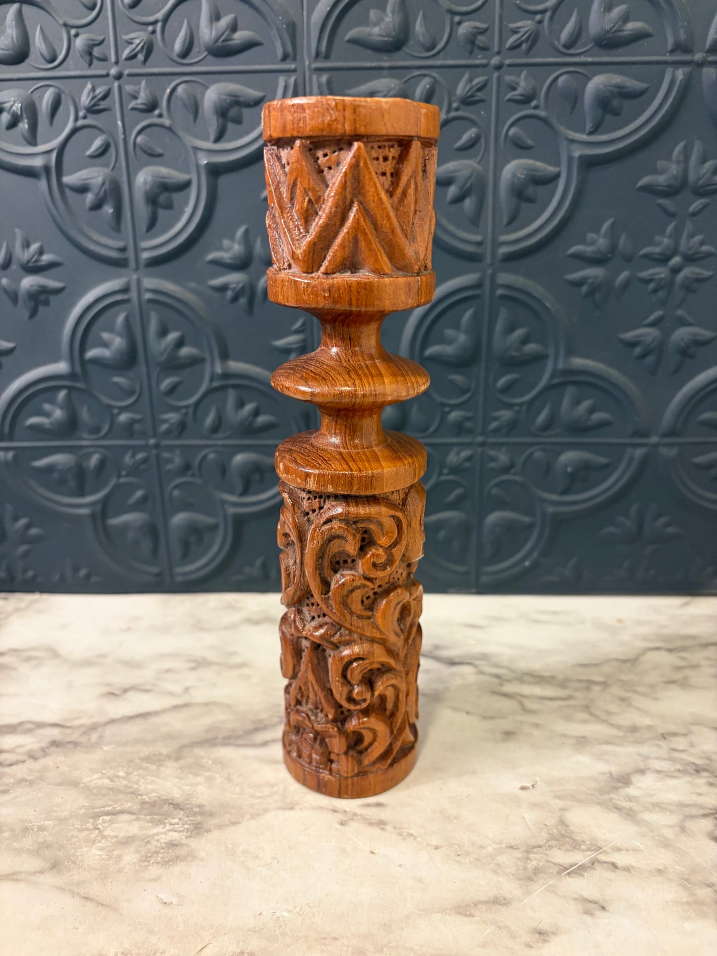 Cylinder Wood Carved Candle Holder