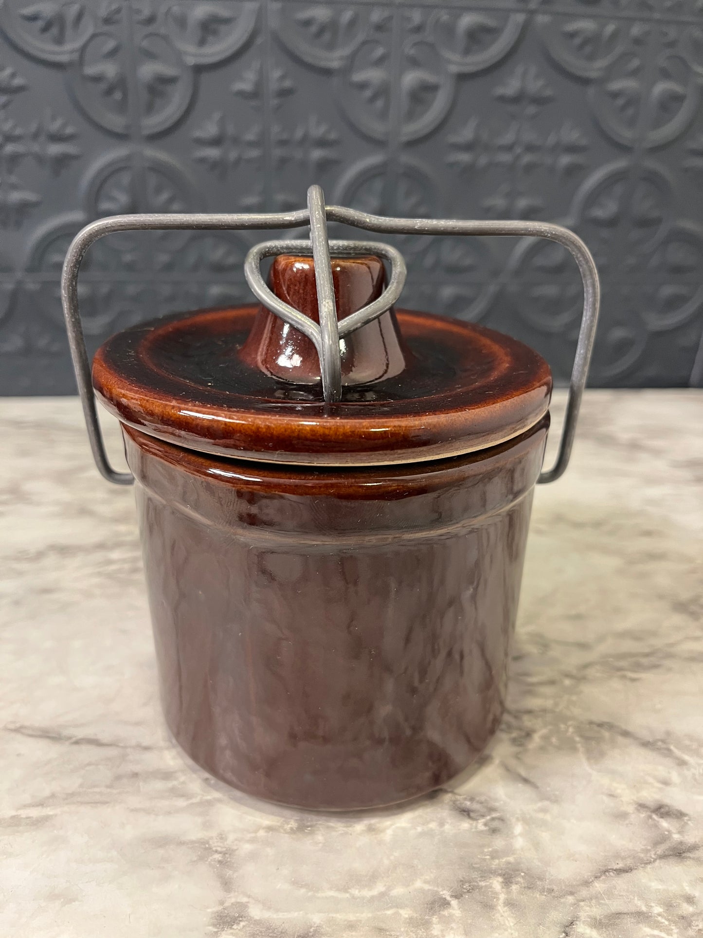 Brown Stoneware Crock with Wire top