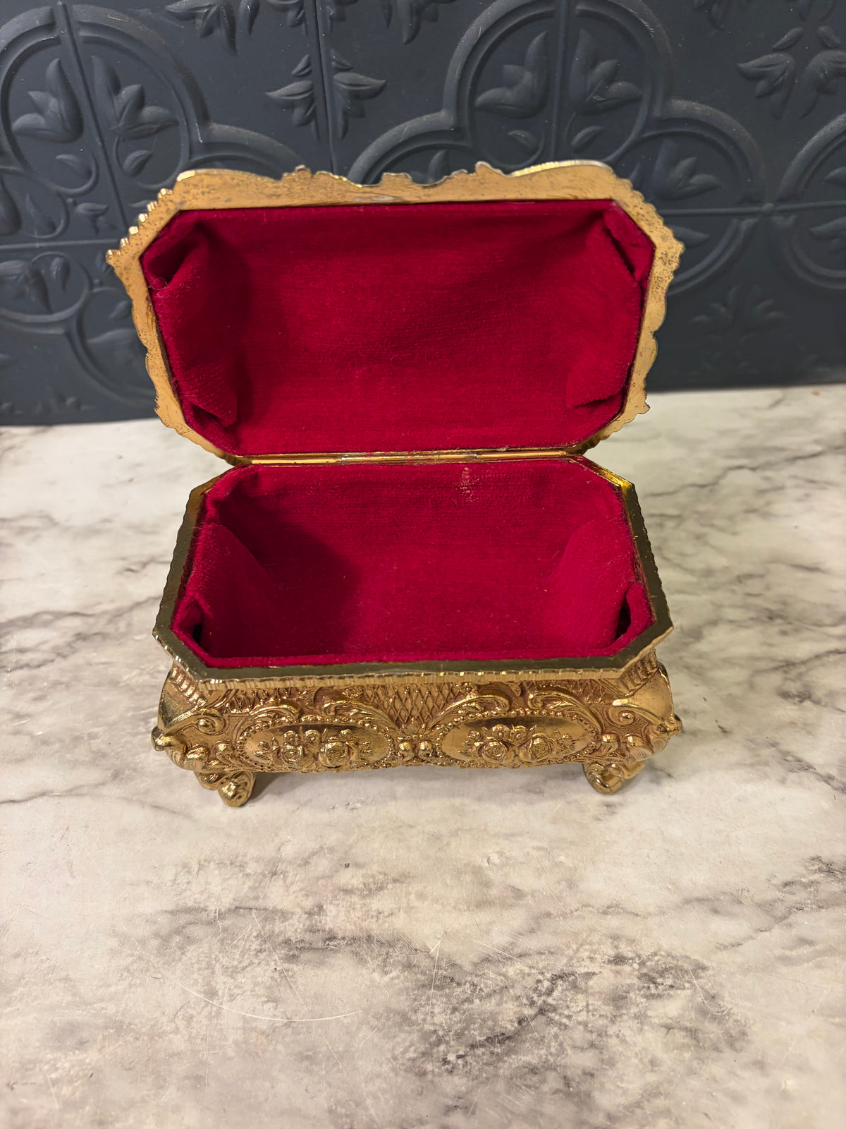 Ornate Gold Jewelry Box with Red Velvet lining
