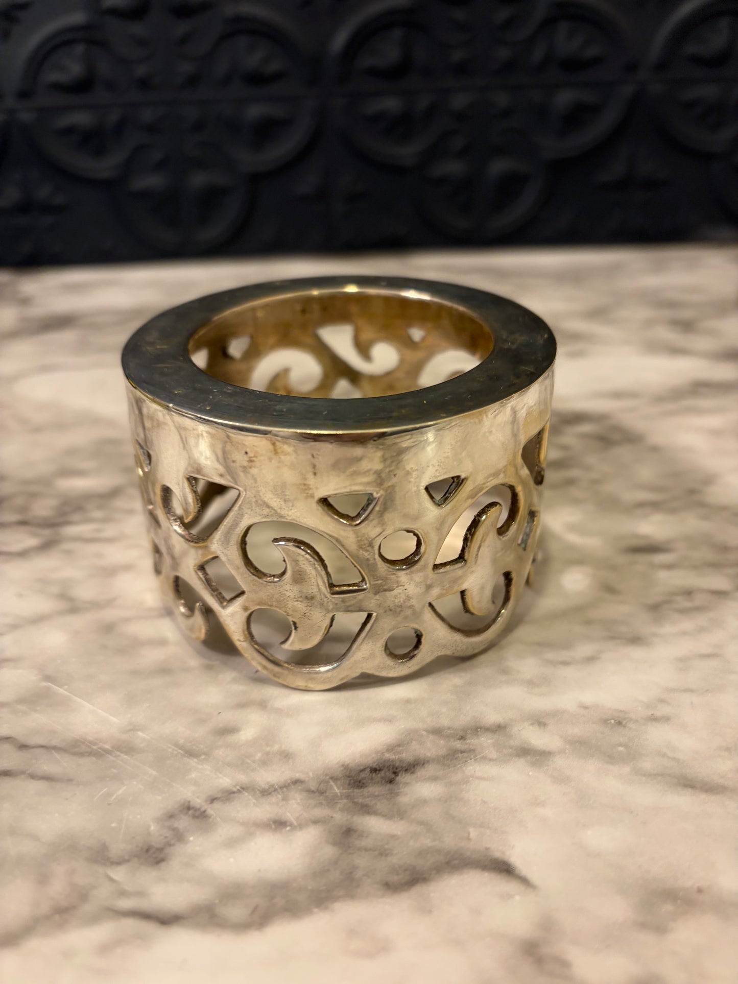 Silver Plate Pillar Candle Holder with Cutout