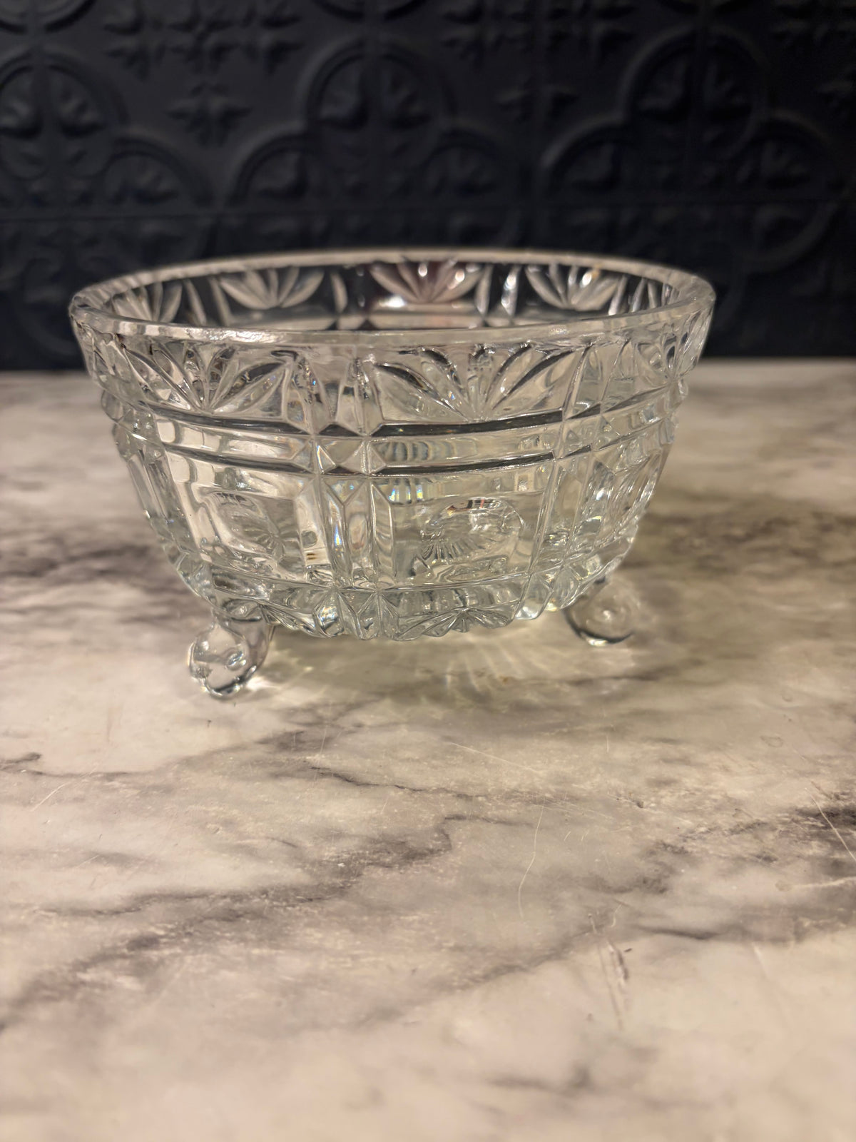 Clear Cut Glass Bowl with 3 feet