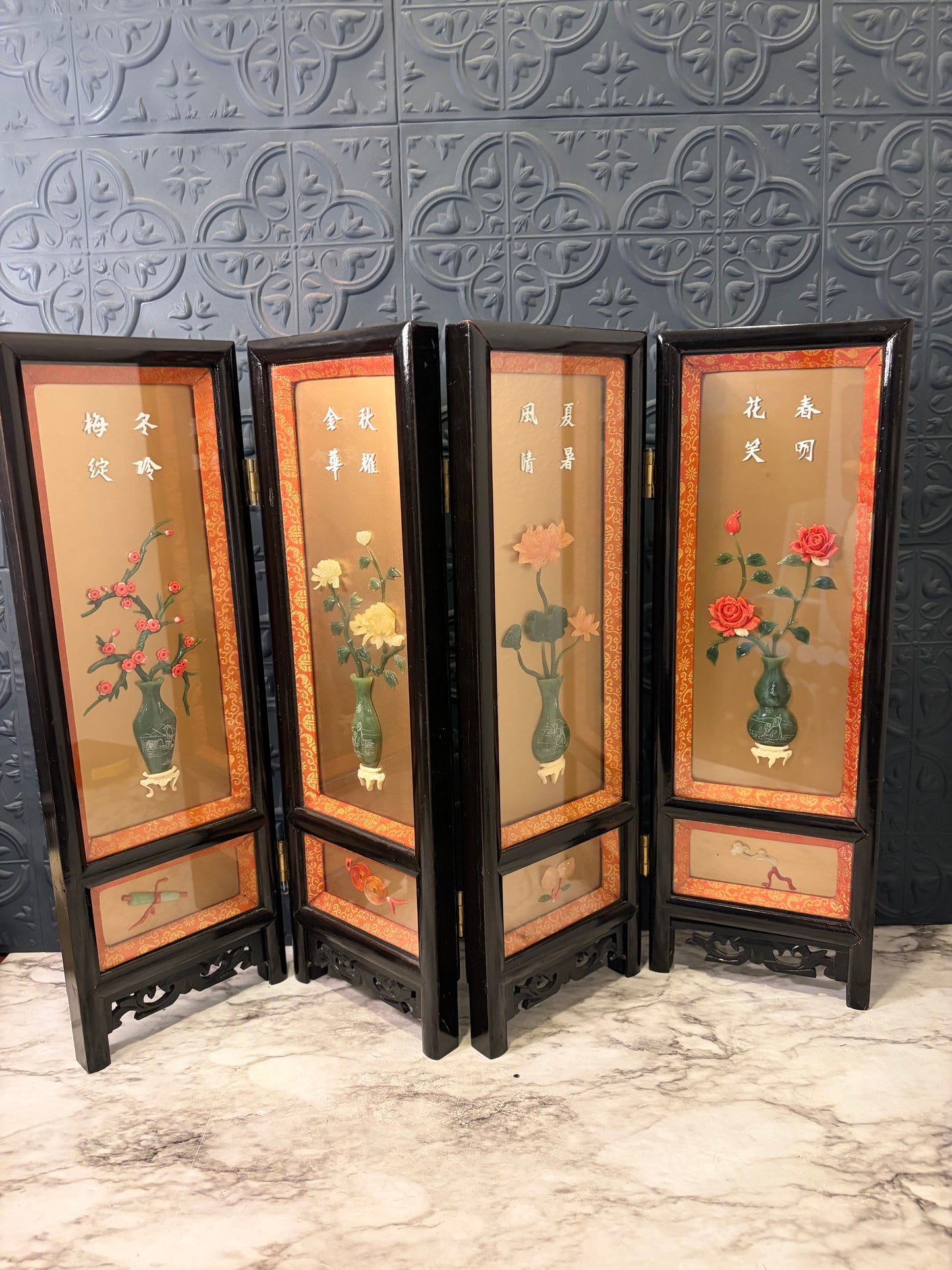 Four Panel Chinese Tabletop Stone Floral Screen