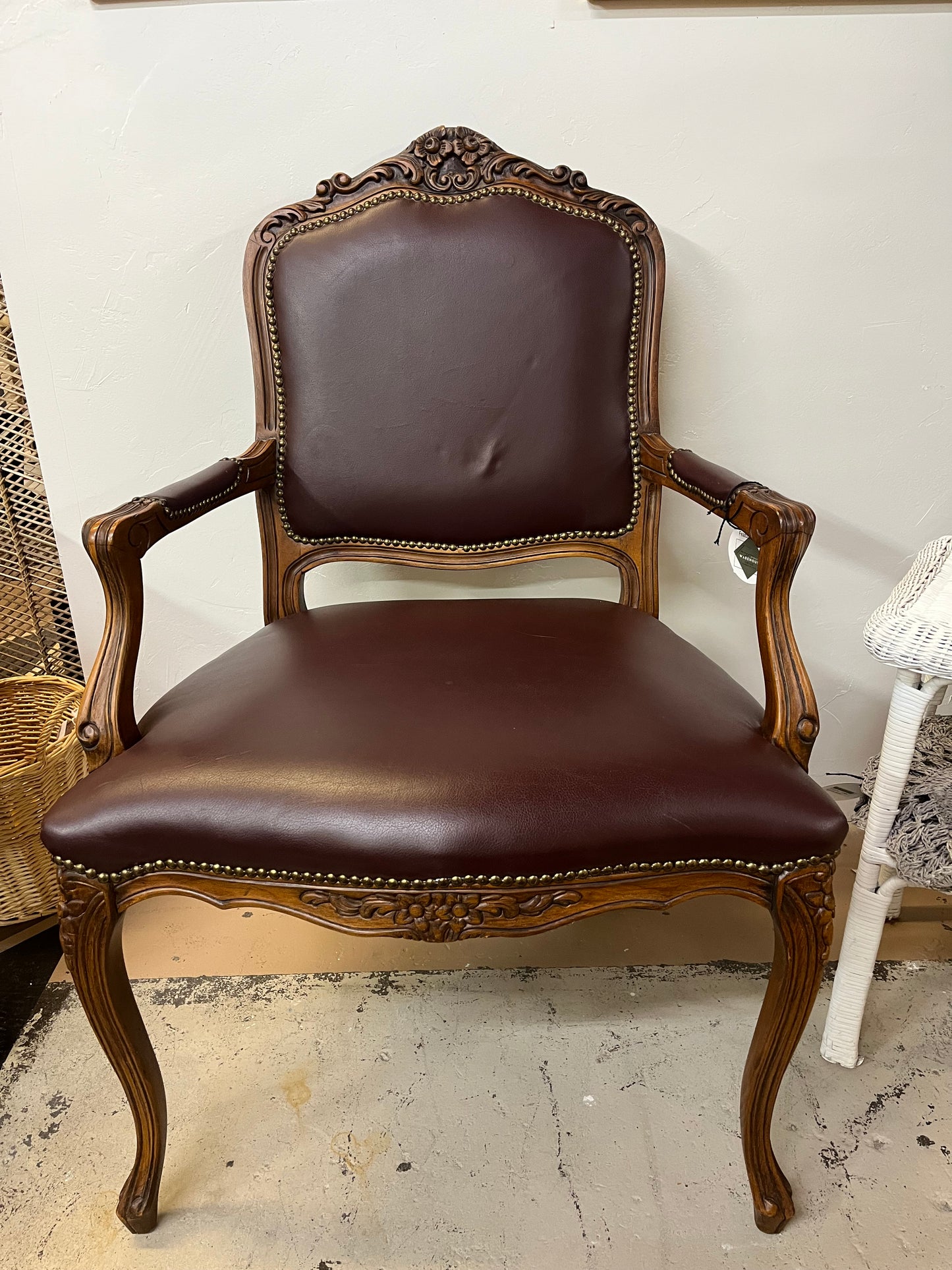 Maroon Faux Leather Carved Wood Arm Chair