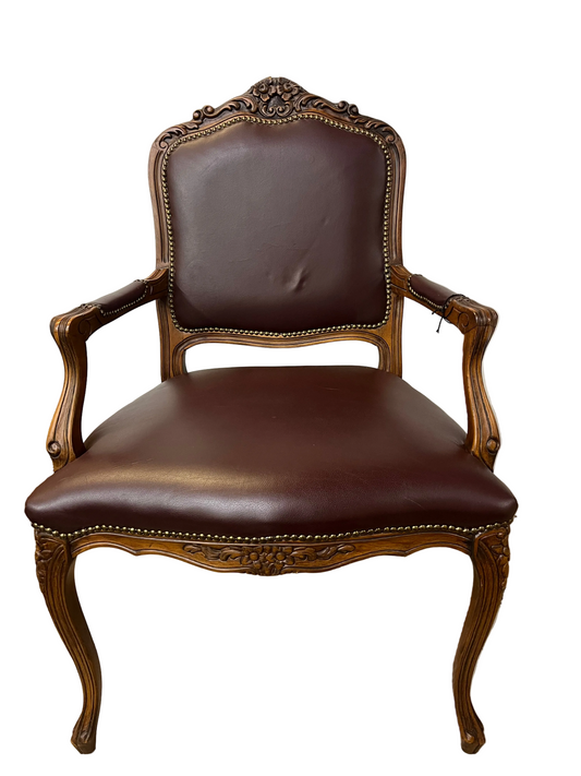 Maroon Faux Leather Carved Wood Arm Chair