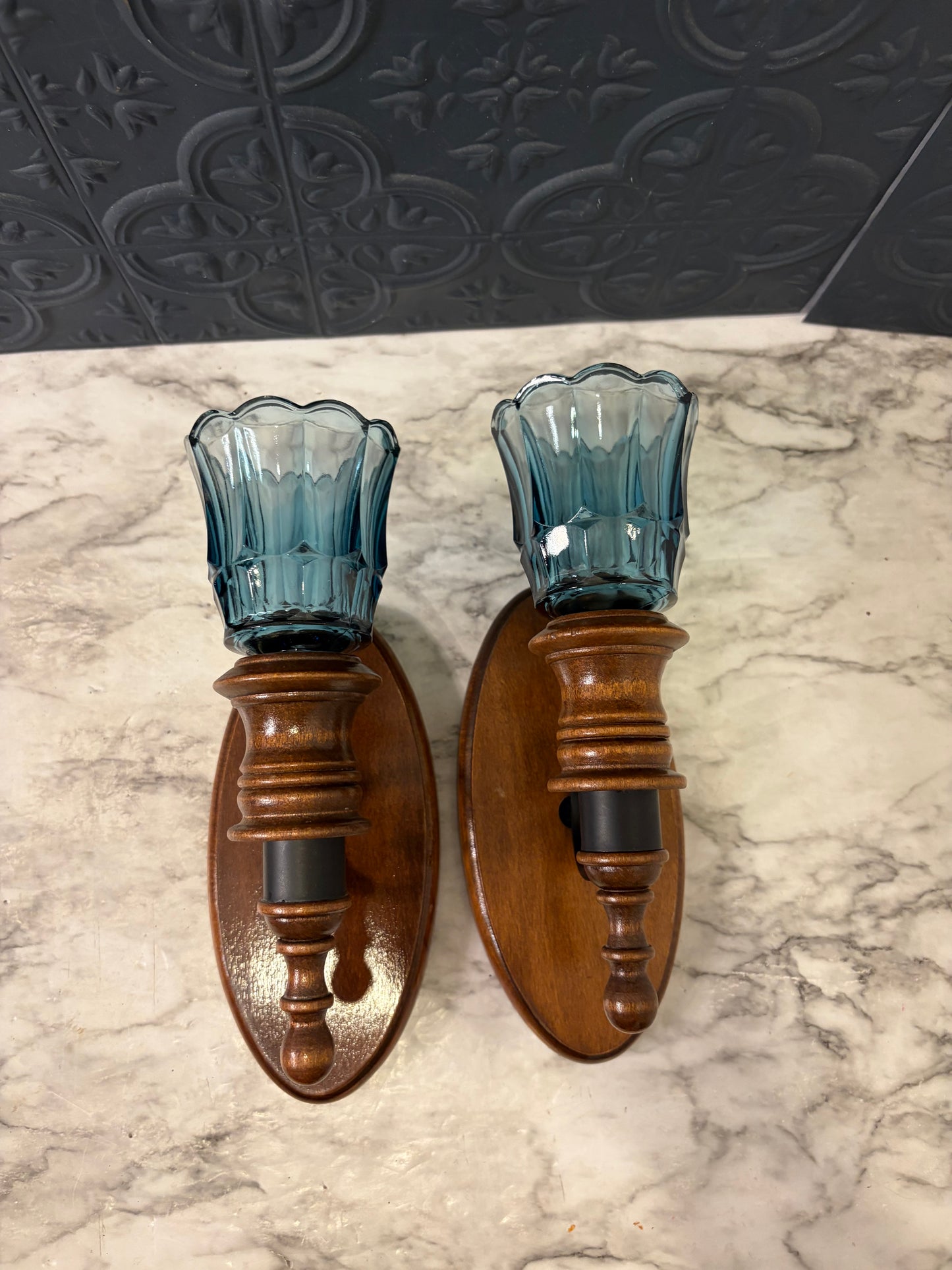 Wood Candle Sconces with Blue Votive Cups x2