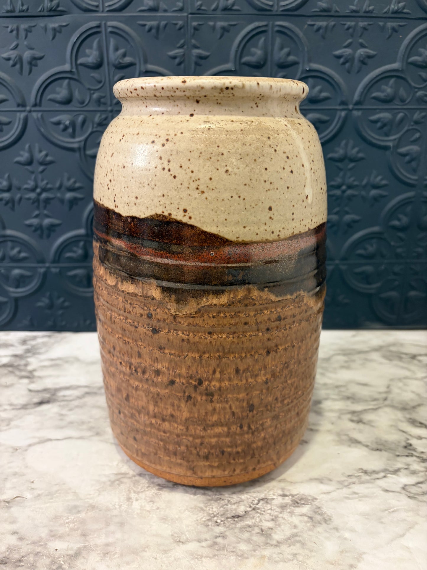 Two Tone Brown and Cream Pottery Vase 9.5"