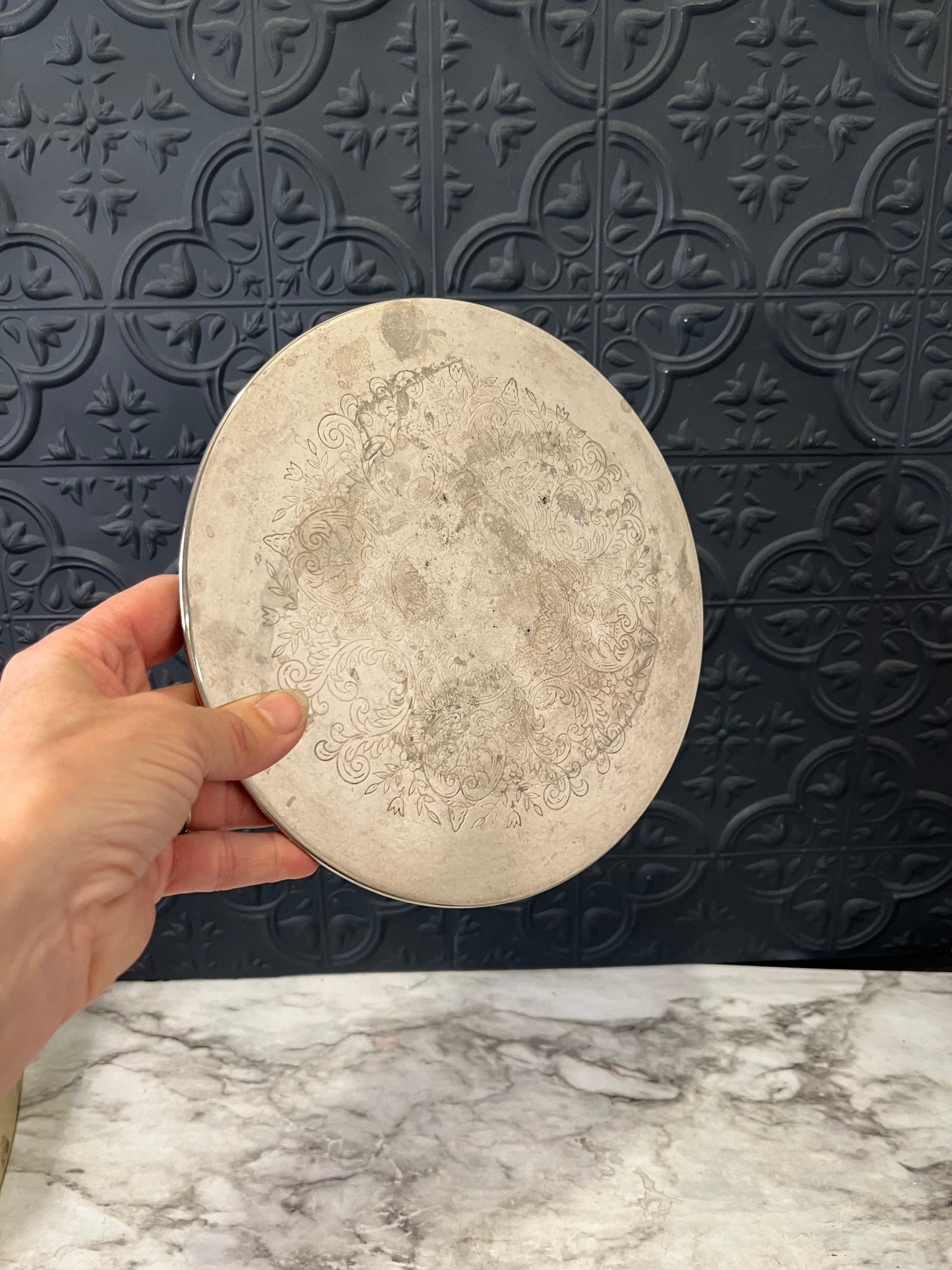 Round Etched Silver plated Trivet