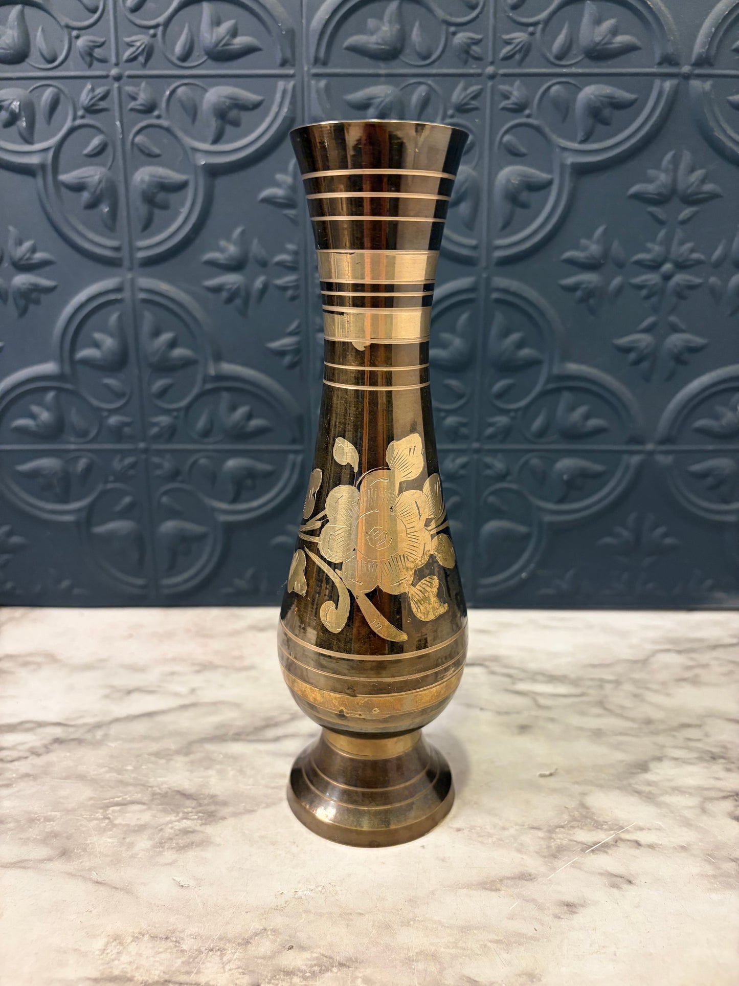 Black and Gold Etched Brass Vase 7.5"