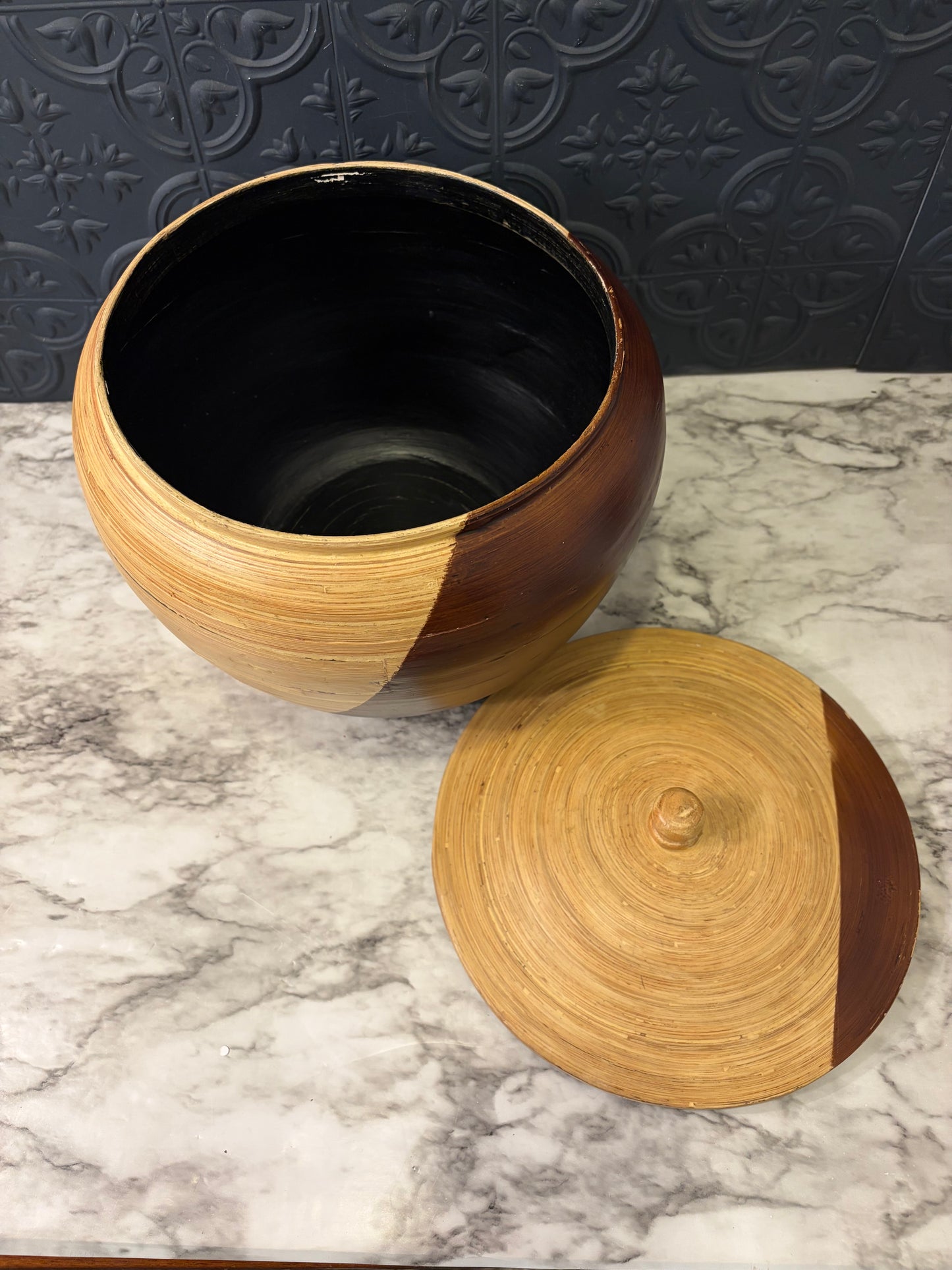 Hand Spun Bamboo Two Tone Round Canister