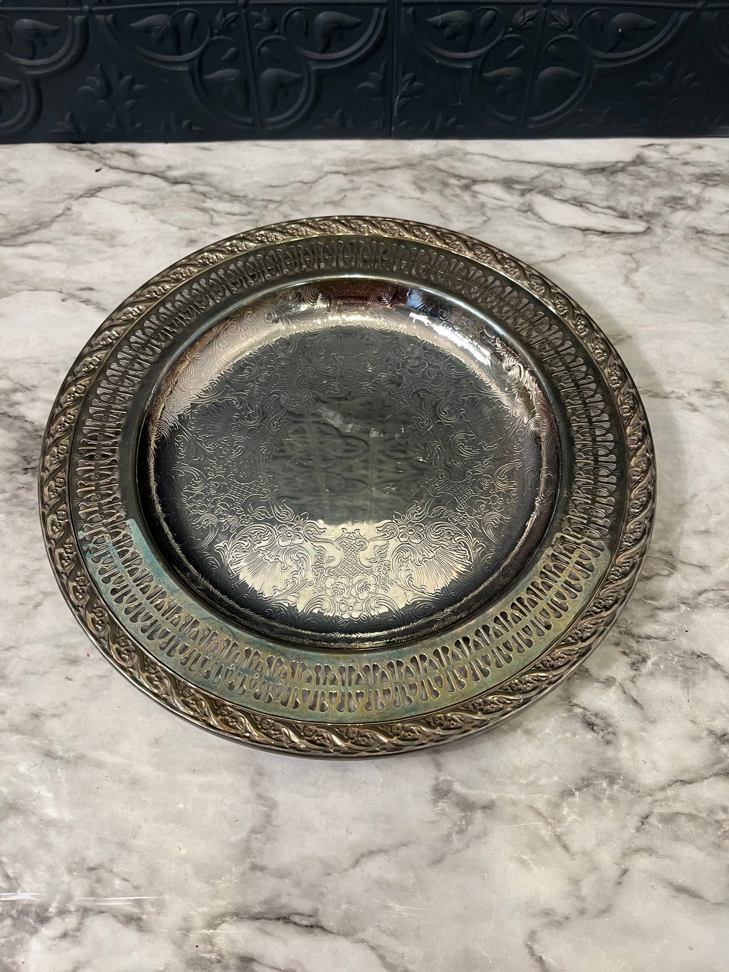 Etched Silver Plate Round Tray with Decorative Rim