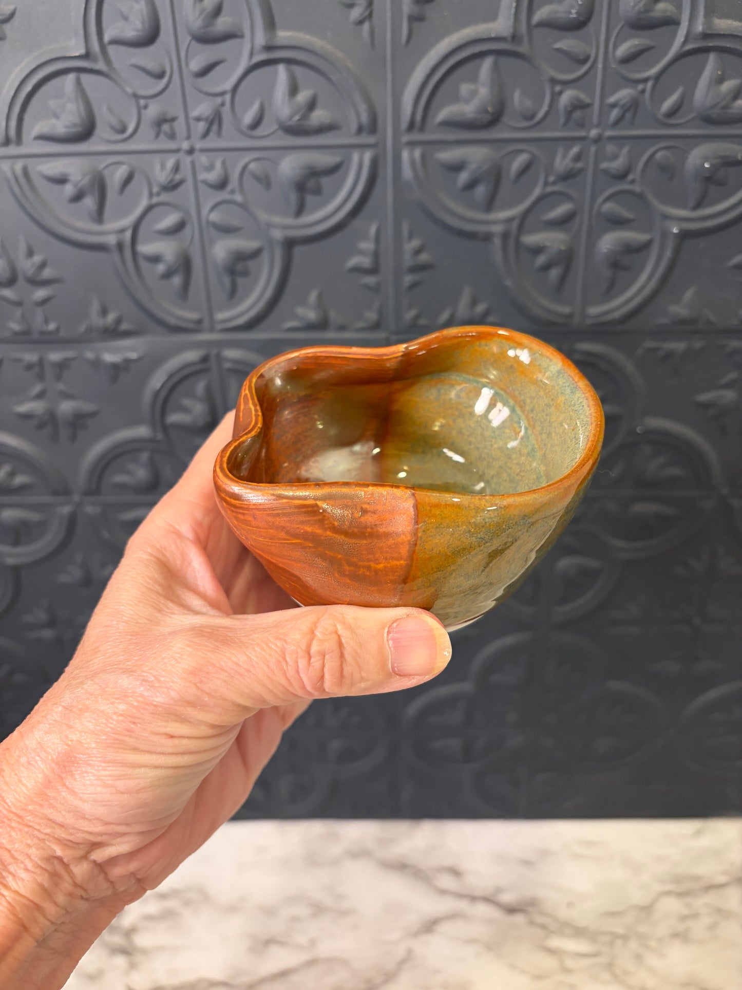 Small Glazed Pottery Bowl Brown and Green