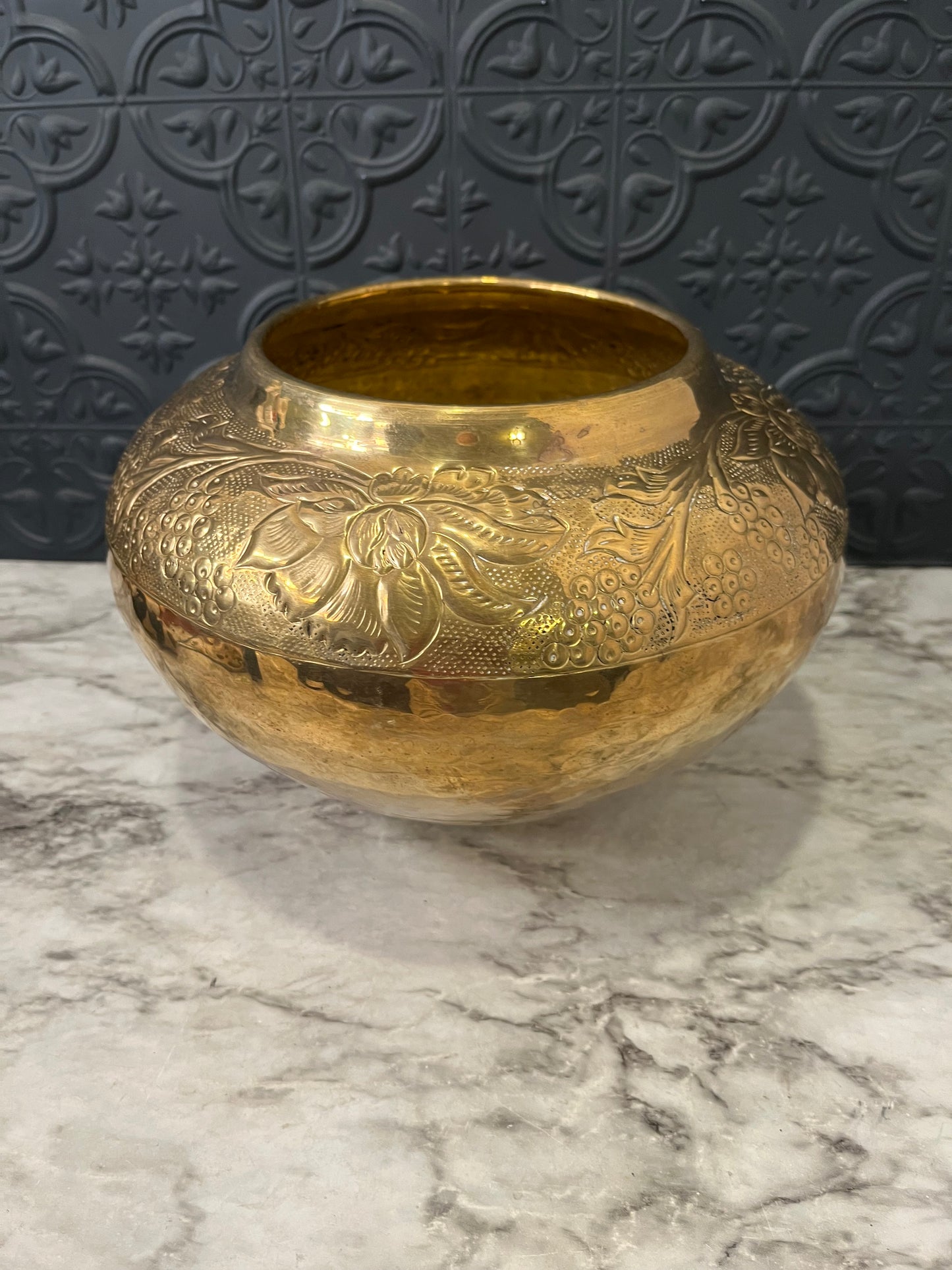 Embossed top half Round Brass Pot