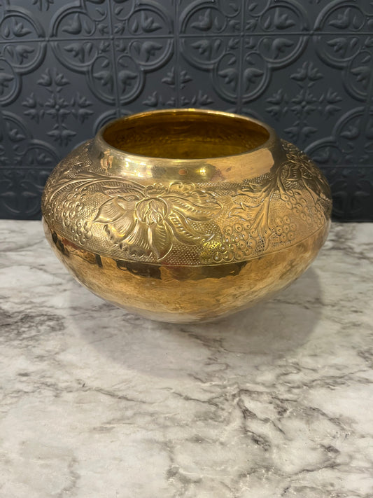 Embossed top half Round Brass Pot