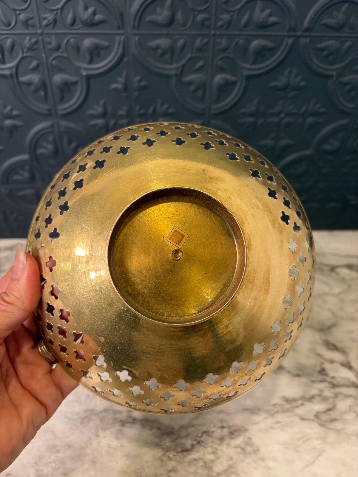 Green and Red Enamel Bowl with Brass Cutouts 6.75"