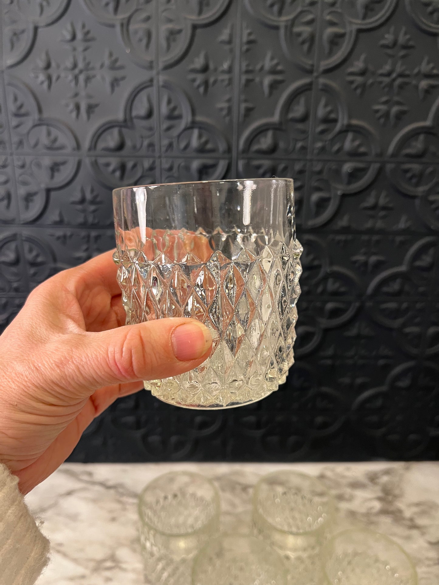 Indiana Glass Diamond Point Whiskey Tumblers x 5