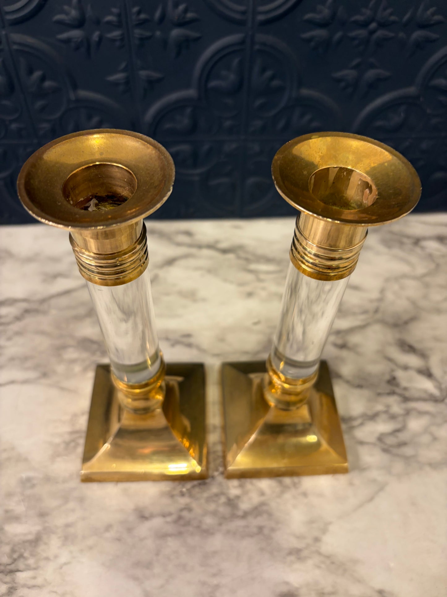 Brass and Lucite Pair of Candle Holders