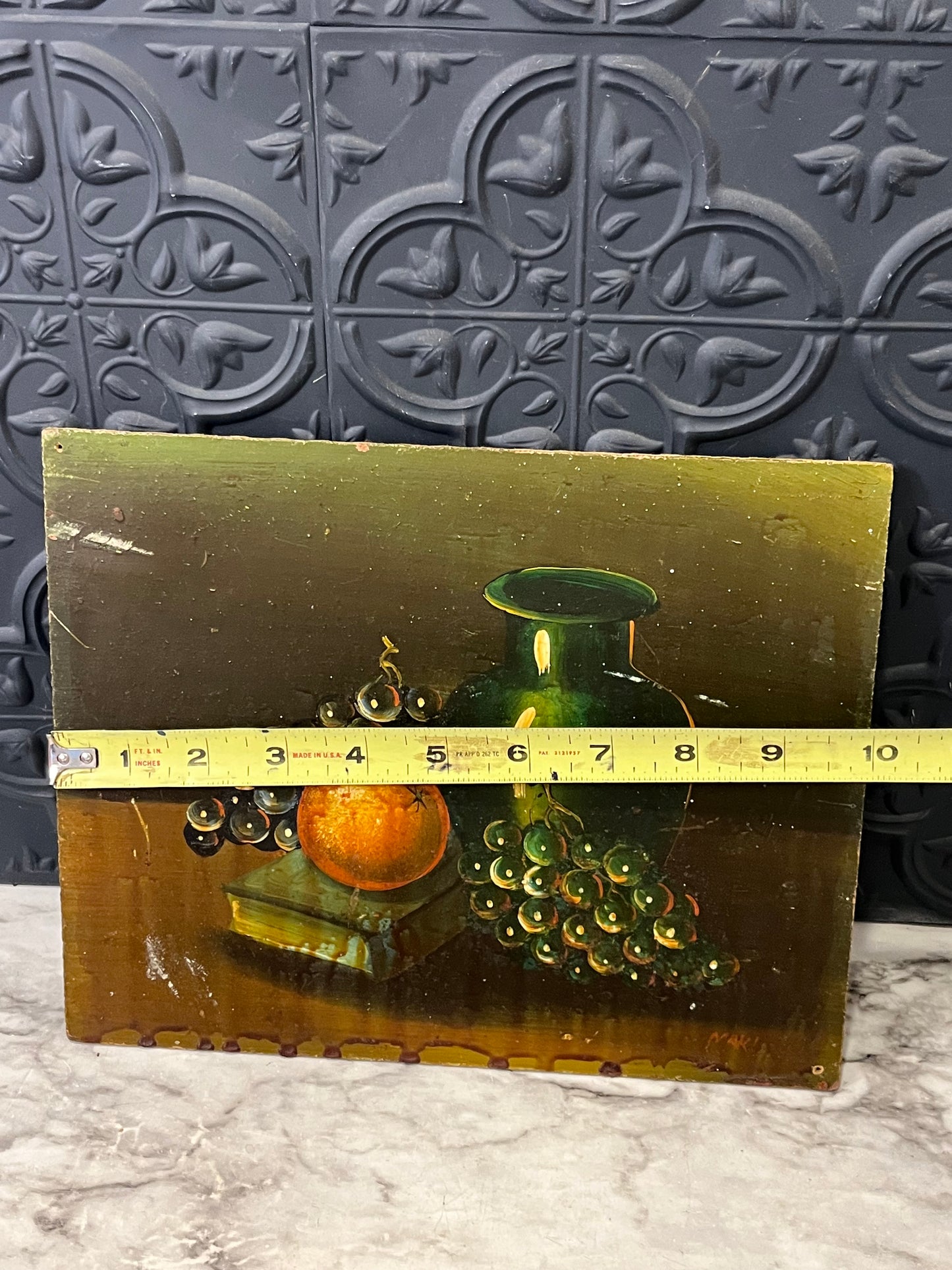 Vintage Green Still life painting on board