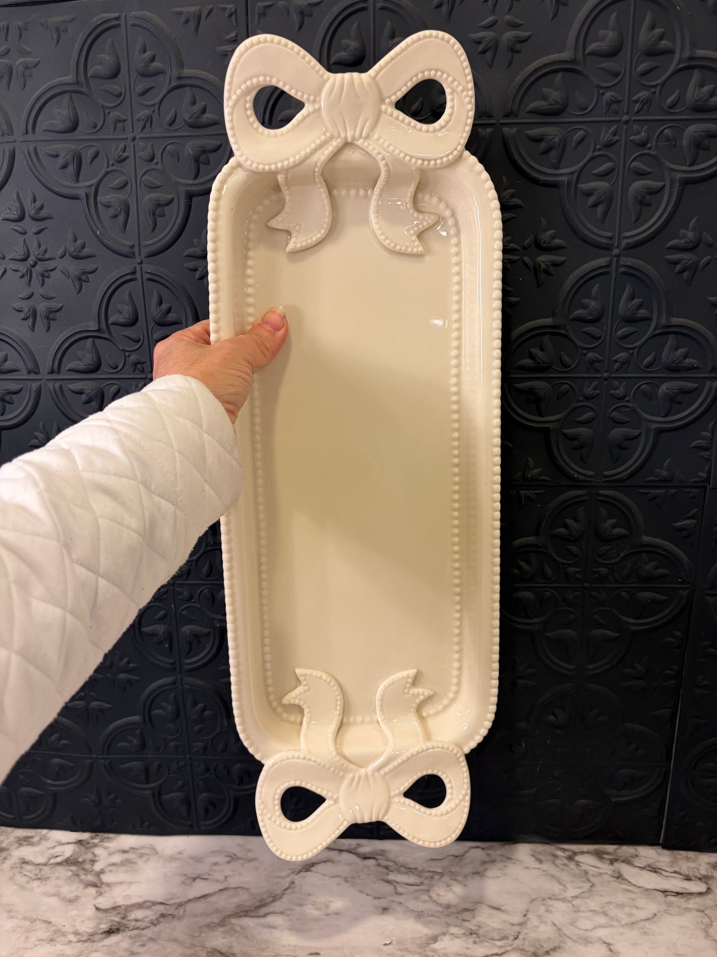 Cream Ceramic Tray with Bow Handles