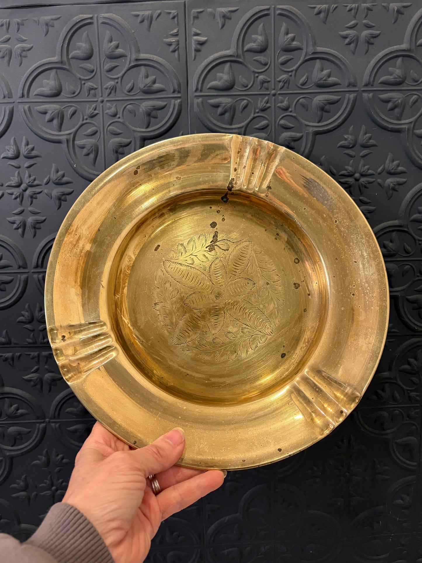Large Brass Ashtray with Etching in Middle
