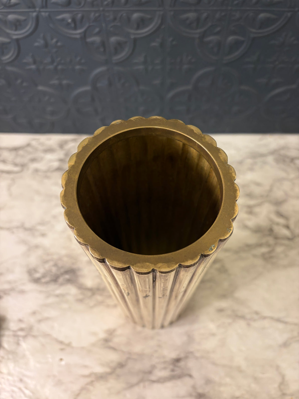 Tall  Ribbed Cylinder Brass Vase