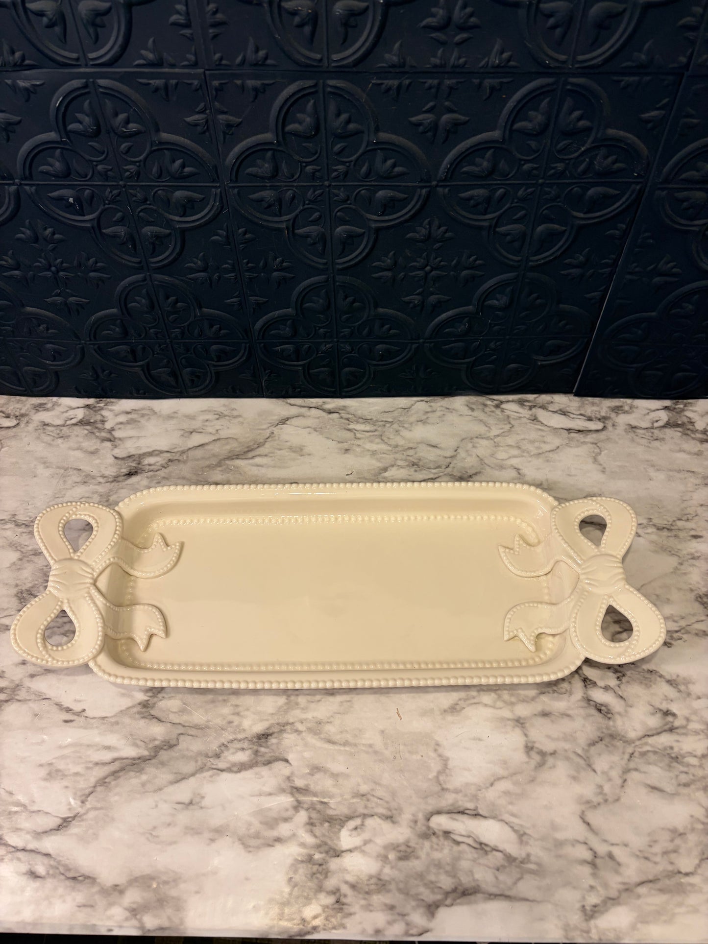 Cream Ceramic Tray with Bow Handles