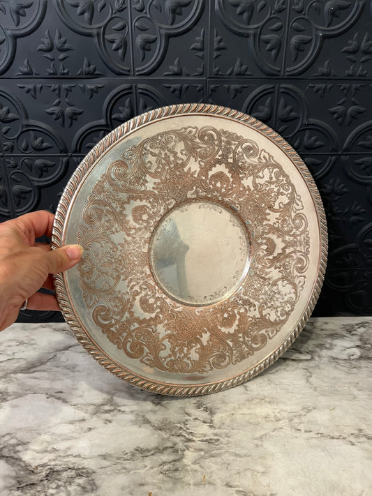 Etched Round Silver Plated Tray with Rope Rim