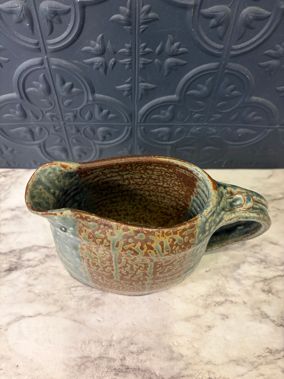 Blue and Brown Glazed Pottery Pitcher