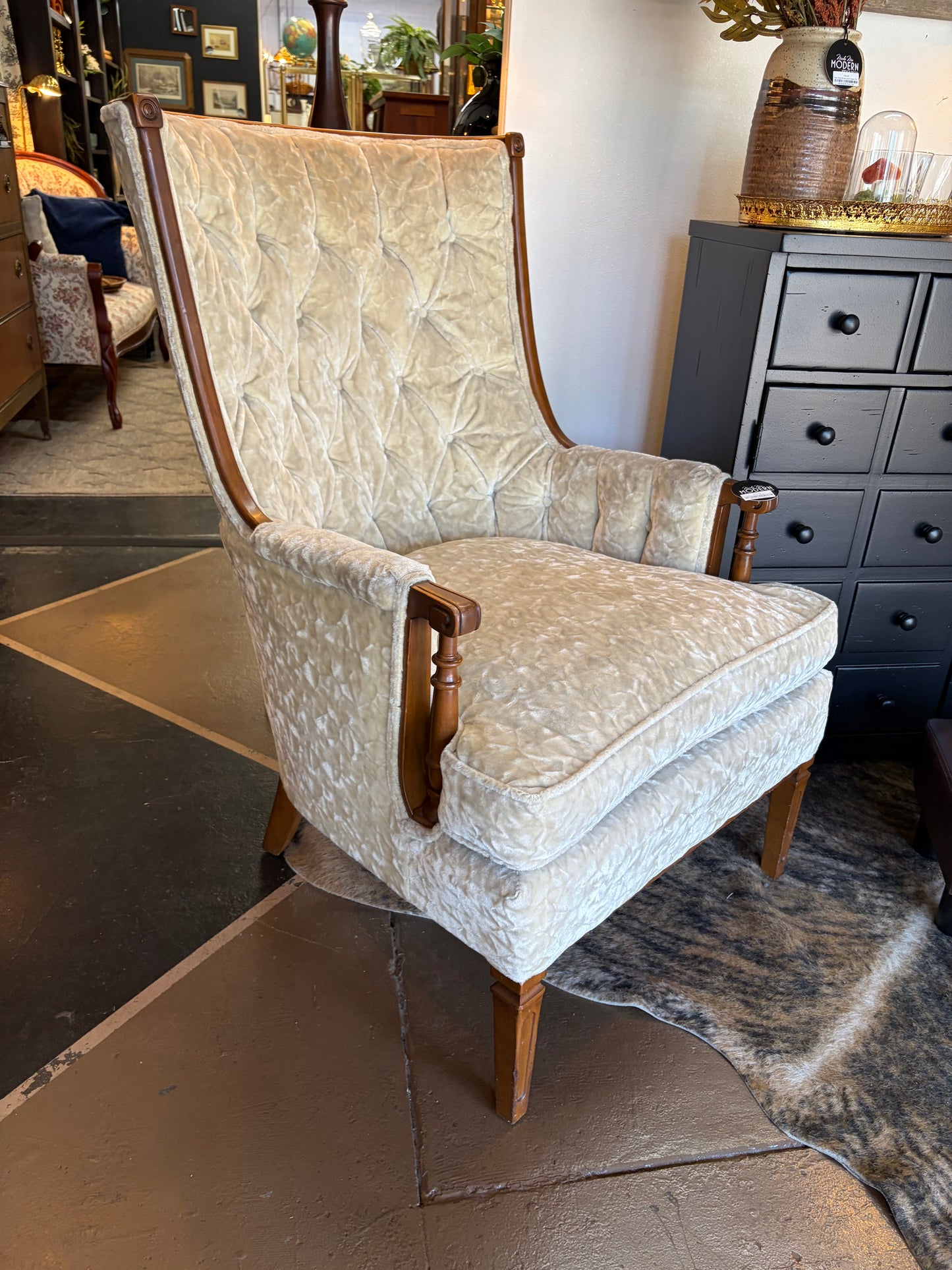 Cream Crushed Velved Curved Back Arm Chair