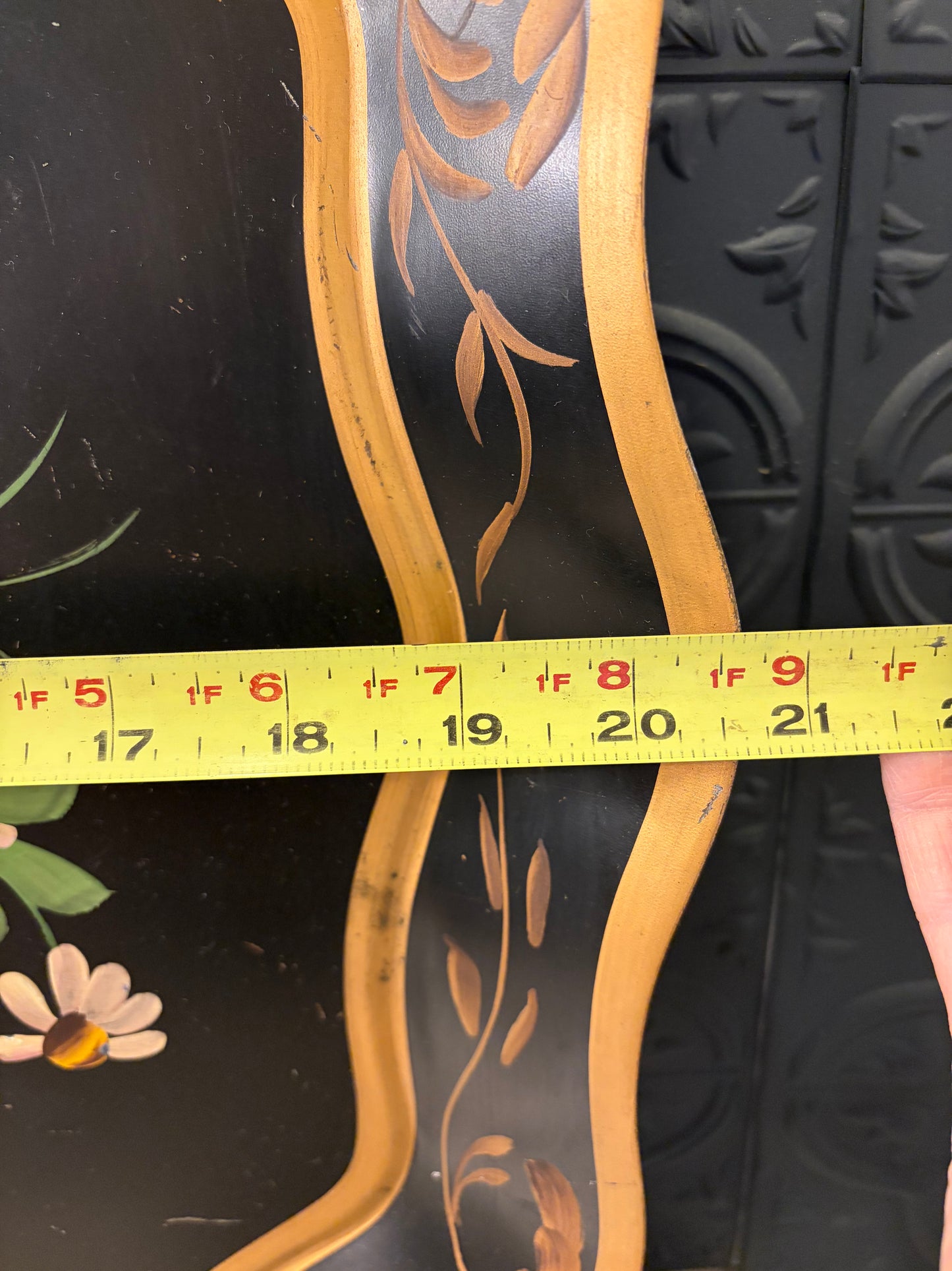 Black Tray with Hand Painted Flowers and Gold Trim