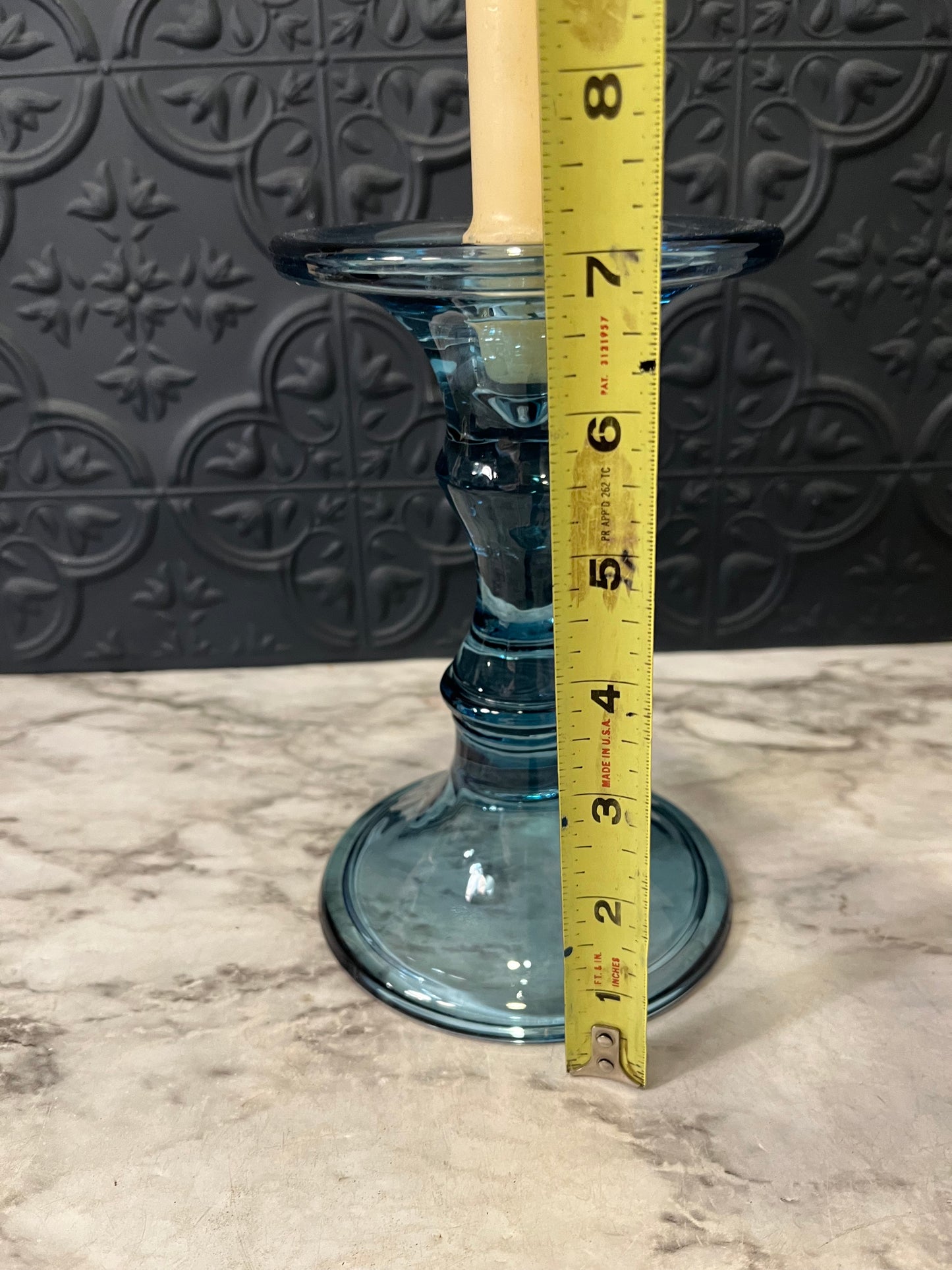 Blue Glass Candle and Pillar Holder 7"