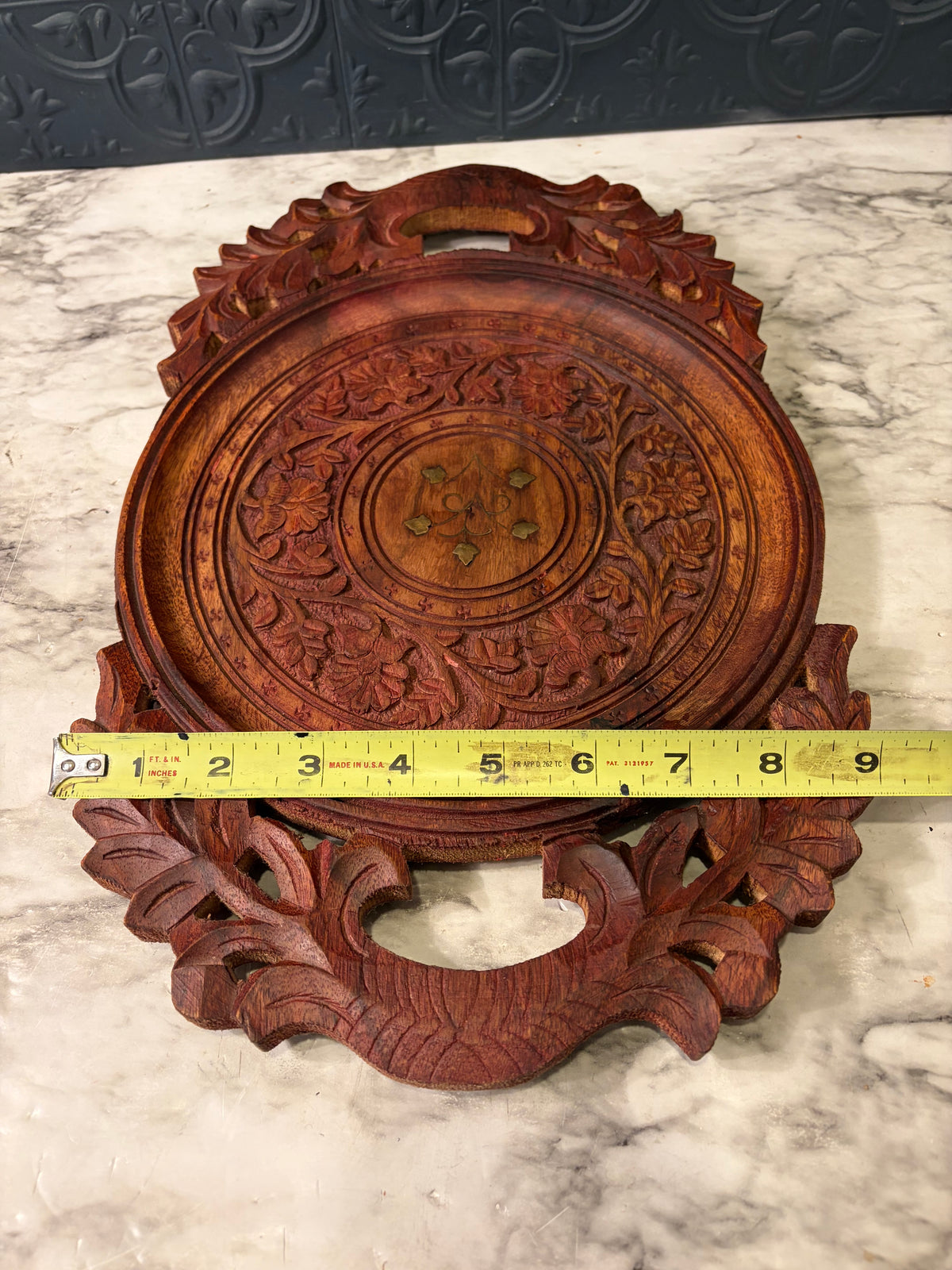 Hand Carved Wood Tray with Leaf Inlay