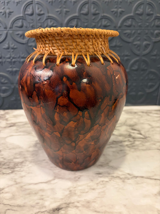 Brown Vase with Bamboo Wicker RIm