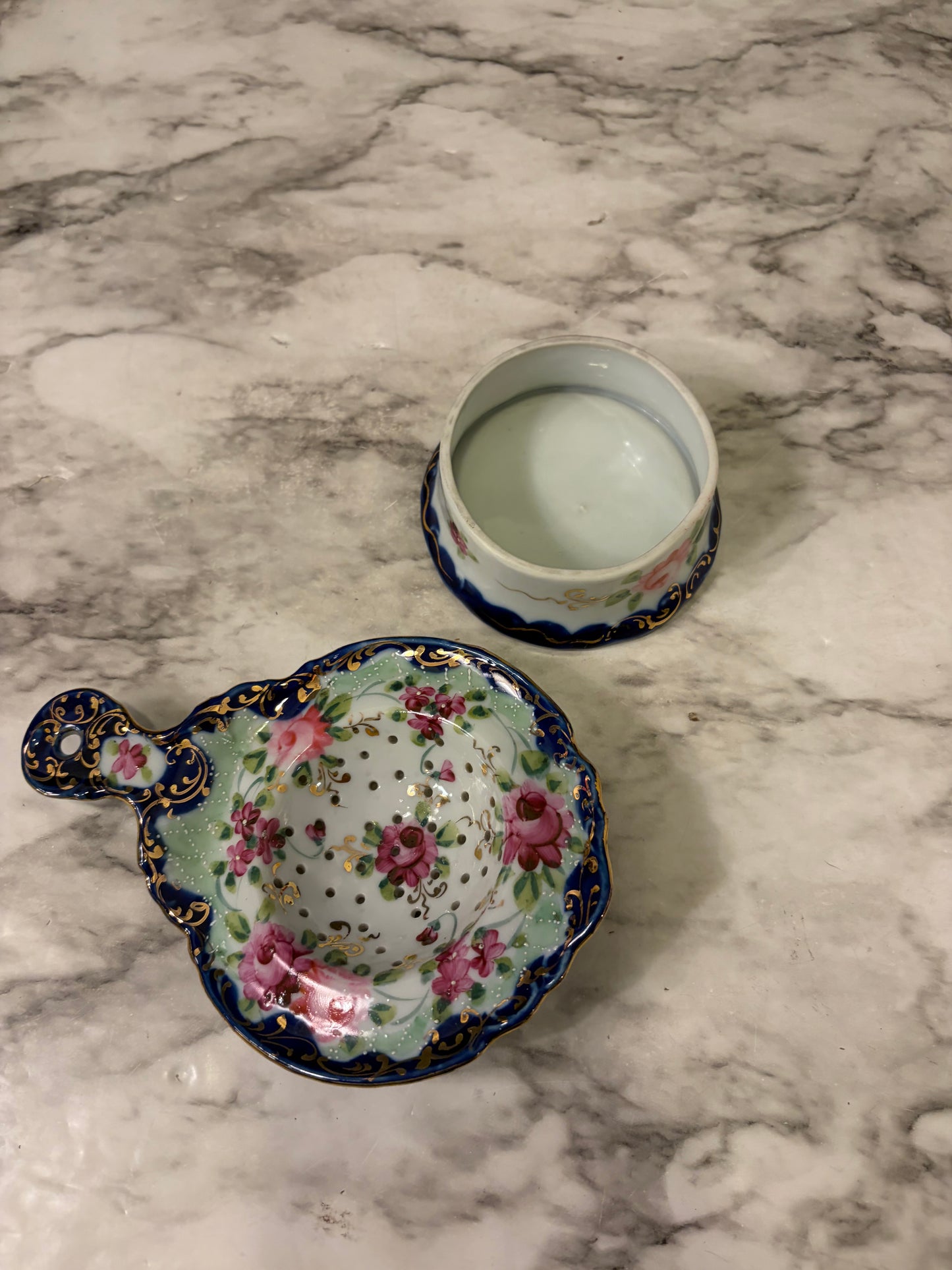 Antique Blue and Gold Tea Strainer Hand Painted