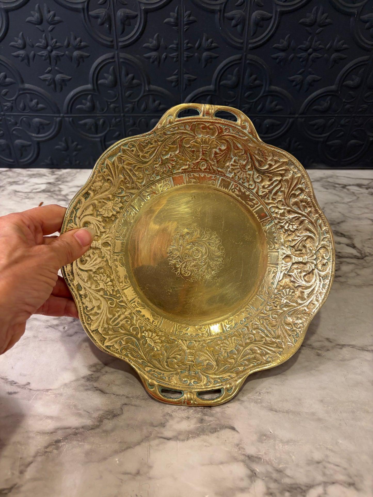 Round Brass Serving Tray with Deep Etching and handles